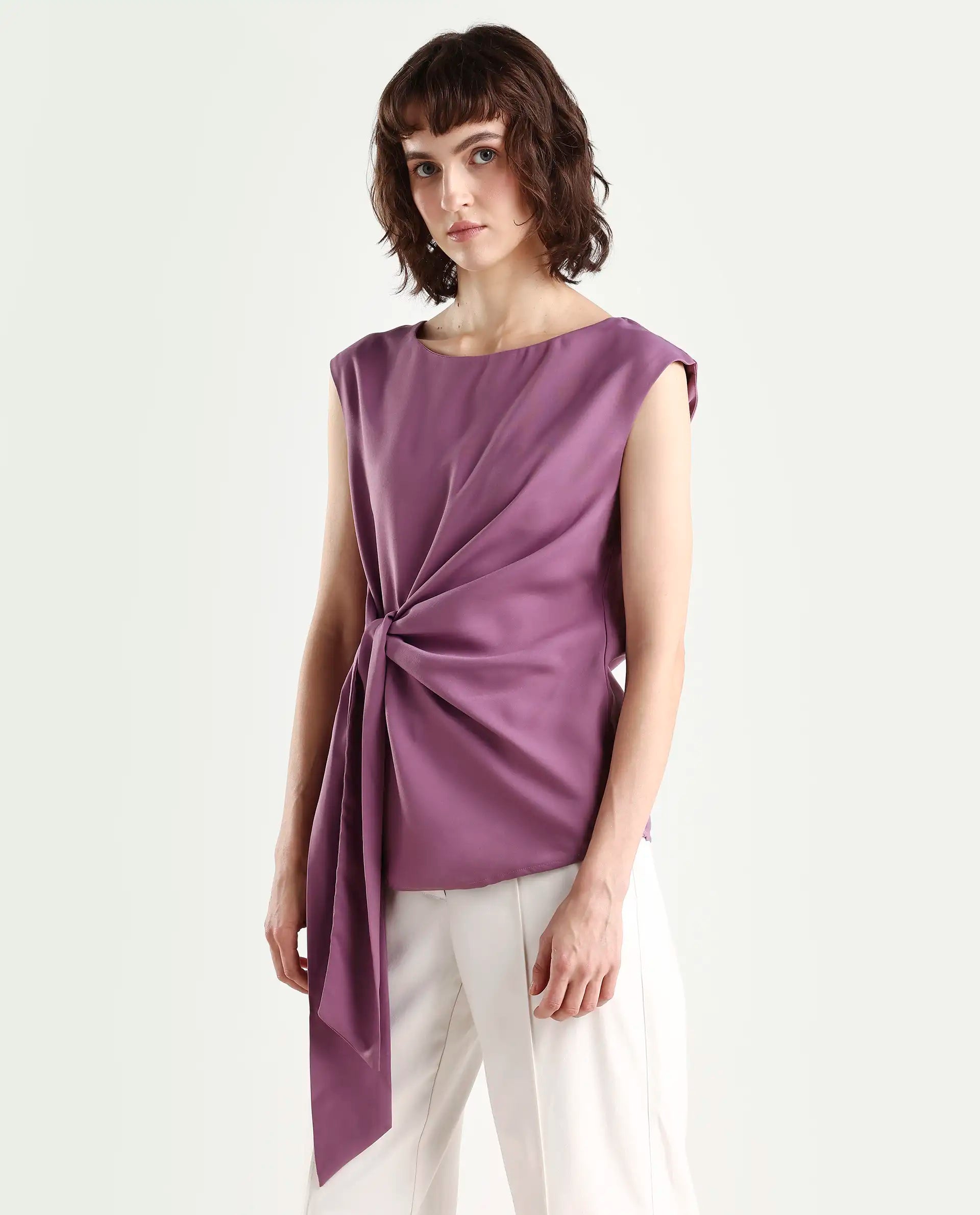 Rareism Women's Wevillet Pastel Purple Satin Boat Neck Plain Sleeveless Regular Fit Top