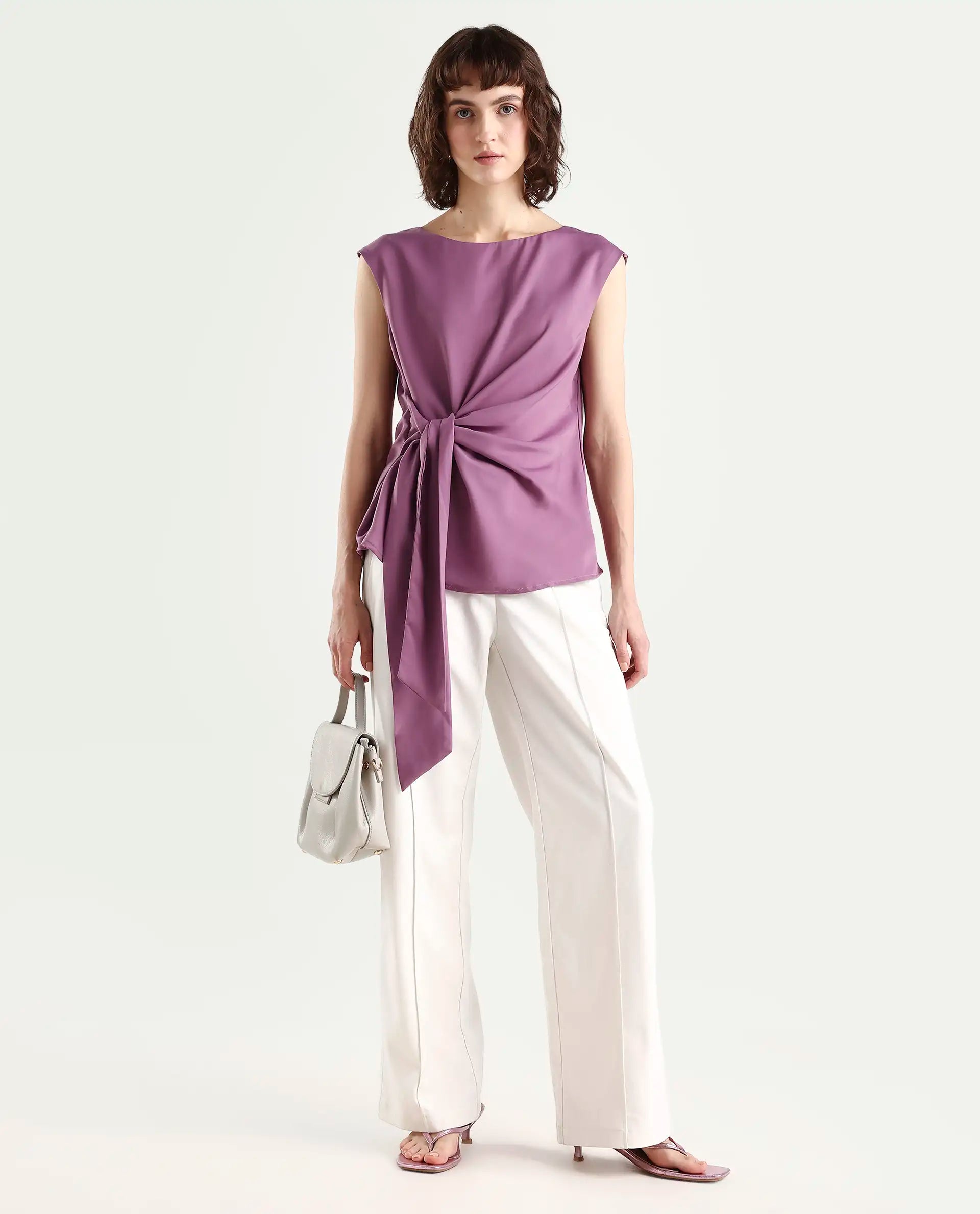 Rareism Women's Wevillet Pastel Purple Satin Boat Neck Plain Sleeveless Regular Fit Top