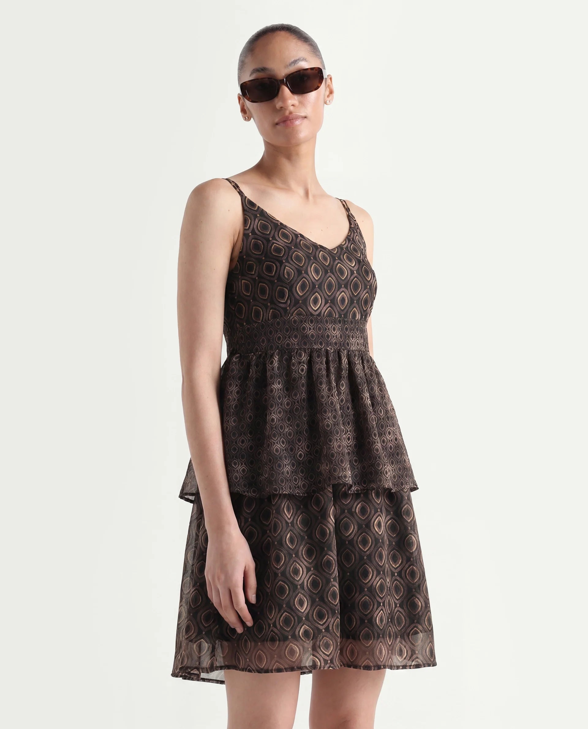 Rareism Women's Leonar Black Polyester Shoulder Strap Geometric Print Shoulder Strap Mini Fit And Flare Dress