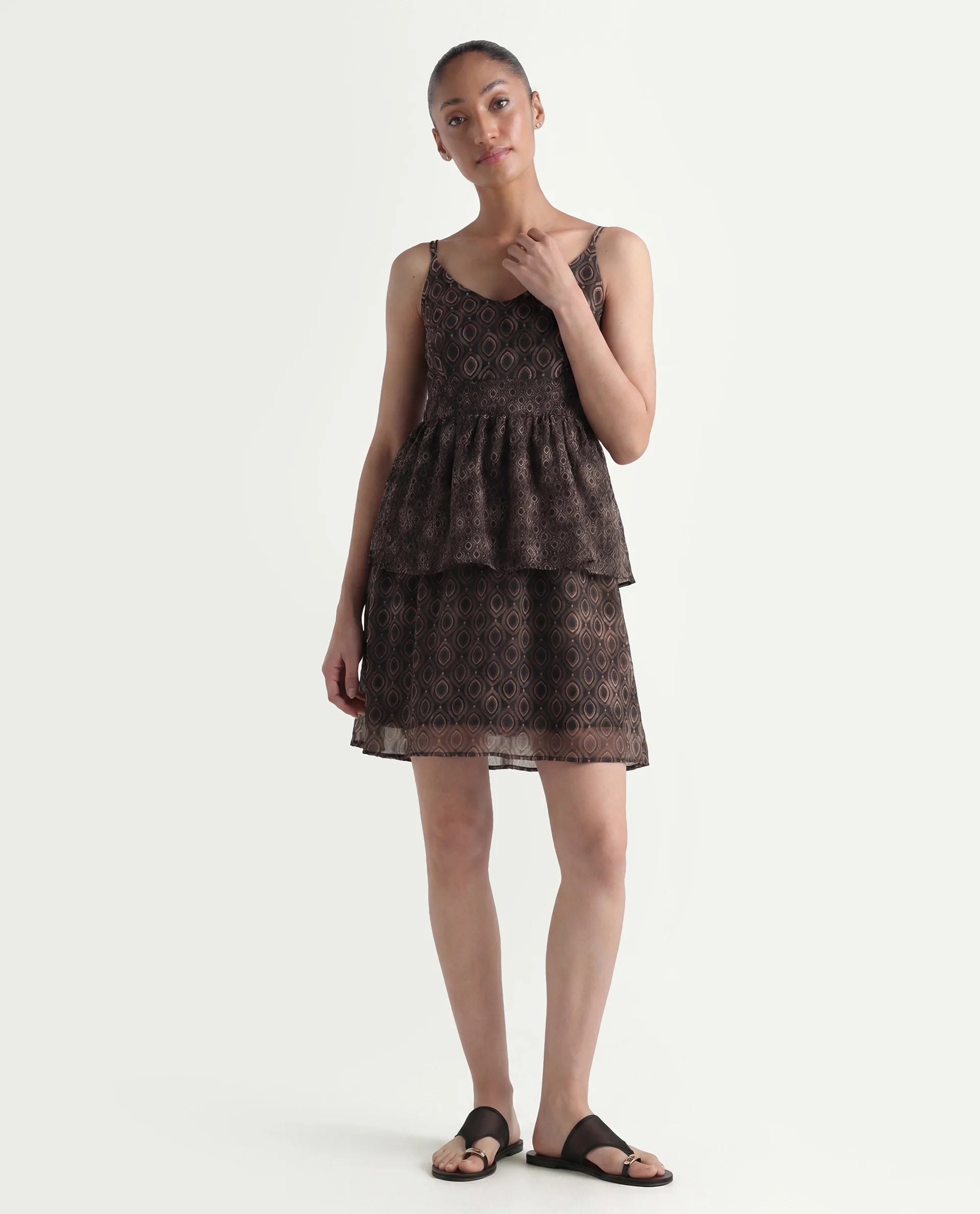 Rareism Women's Leonar Black Polyester Shoulder Strap Geometric Print Shoulder Strap Mini Fit And Flare Dress