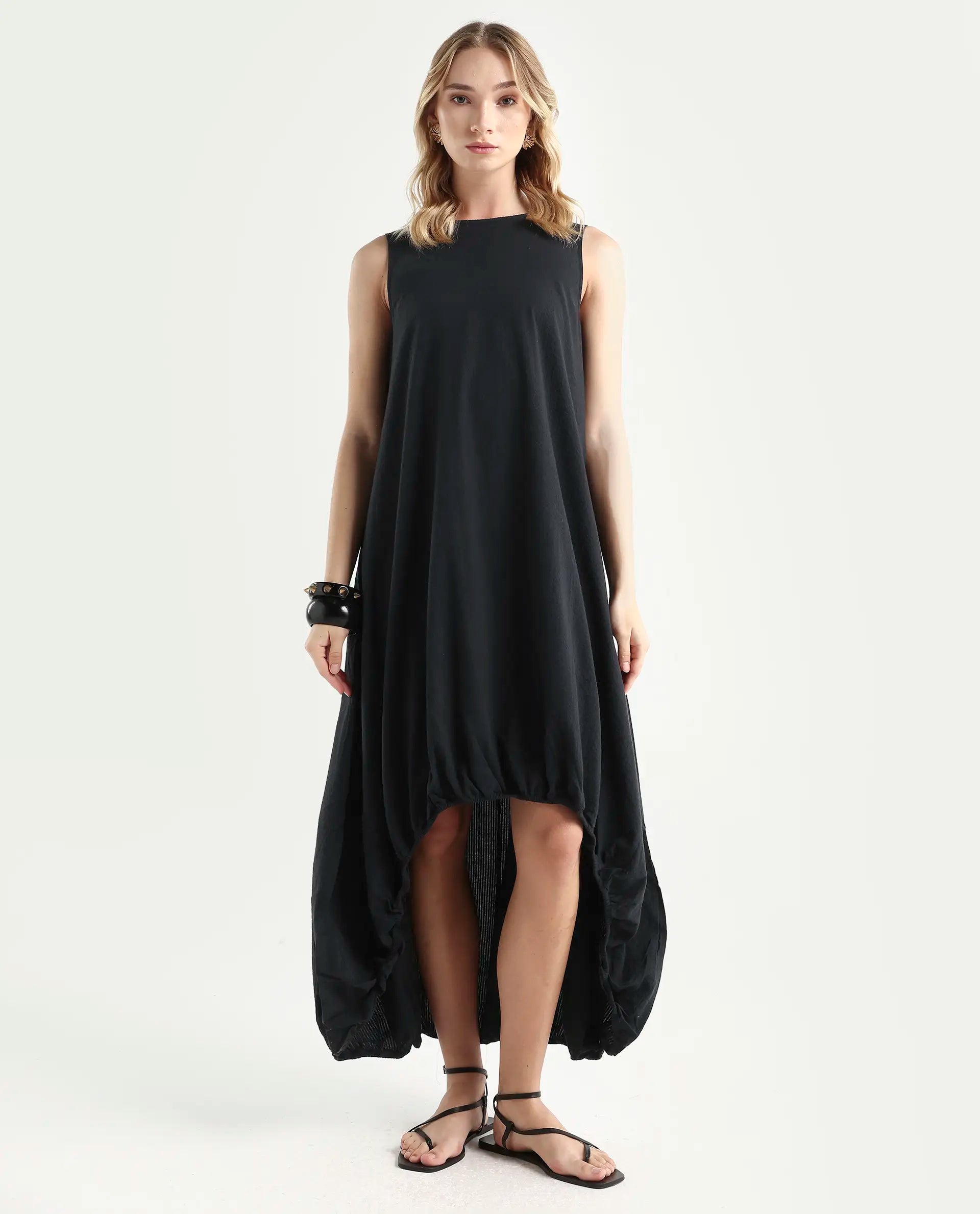 Rareism Women's Zakura Black Cotton Crew Neck Striped Sleeveless Maxi Balloon Dress