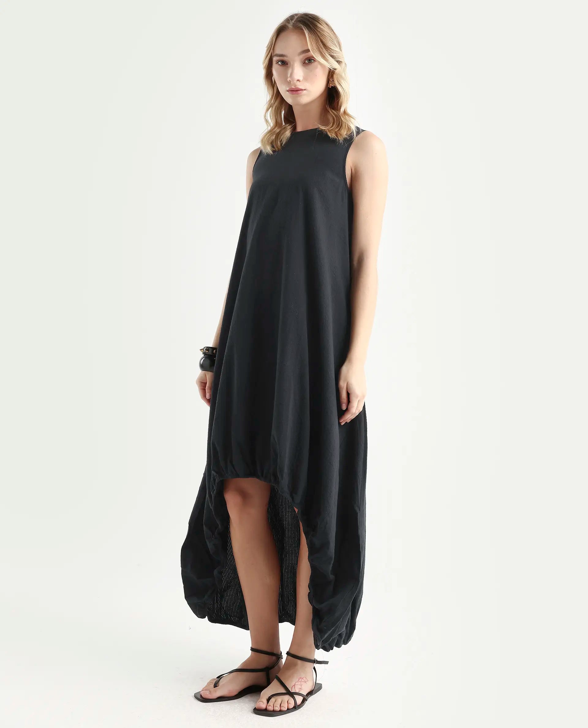 Rareism Women's Zakura Black Cotton Crew Neck Striped Sleeveless Maxi Balloon Dress