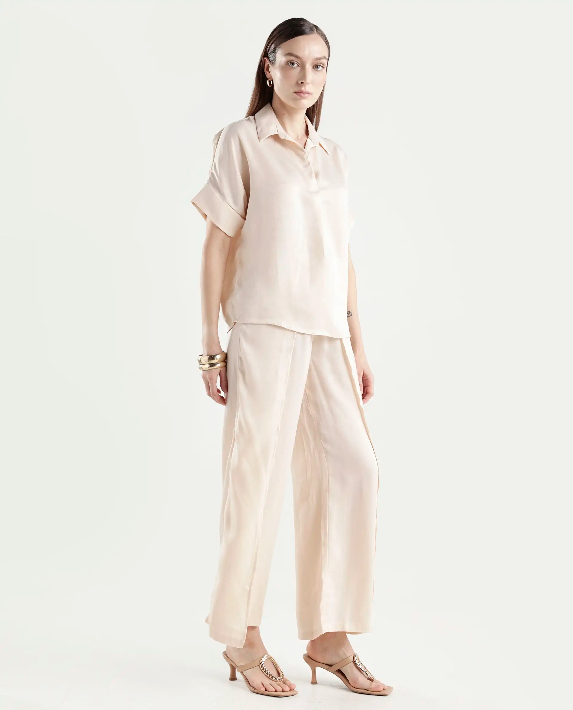 Rareism Women's Yamato-B Light Beige Satin Plain Ankle Length Wide Trouser