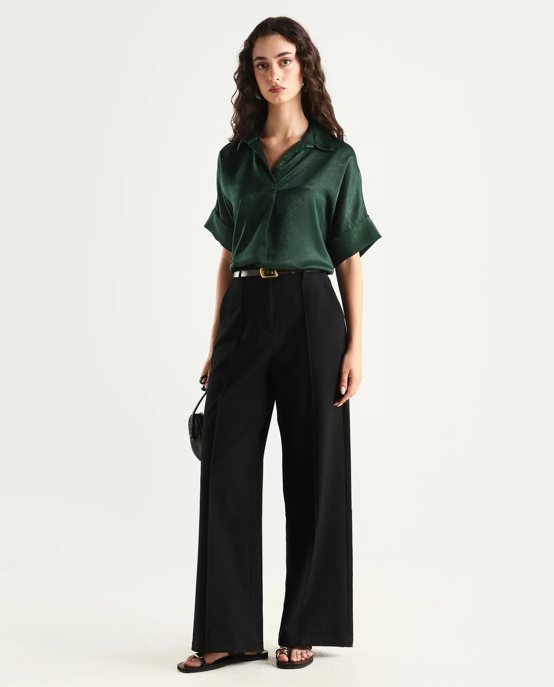 Rareism Women's Lamona-T Dark Green Polyester Drop Collar Plain Extended Sleeves Boxy Fit Top