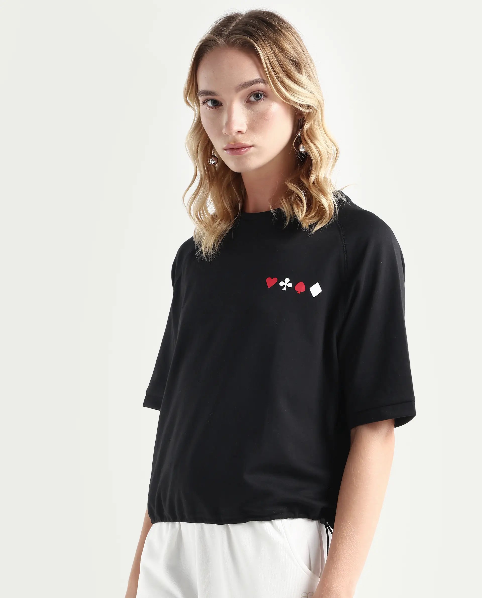 Rareism Women's Berly Black Cotton Blend Crew Neck Graphic Print Relaxed Fit T-Shirt