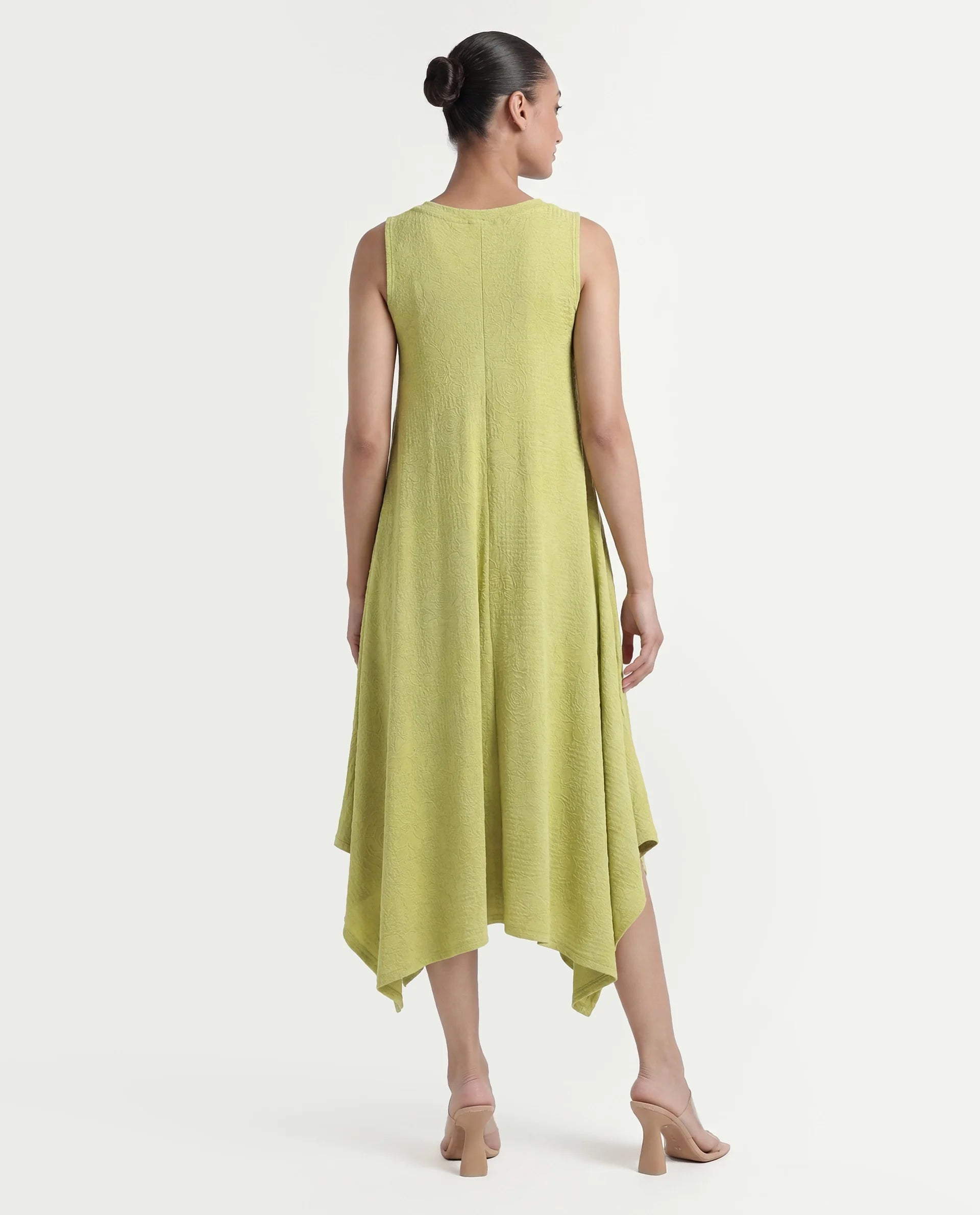 Rareism Women's Kisame Light Green Knit Jacquard Crew Neck Plain Sleeveless Midi Flared Dress