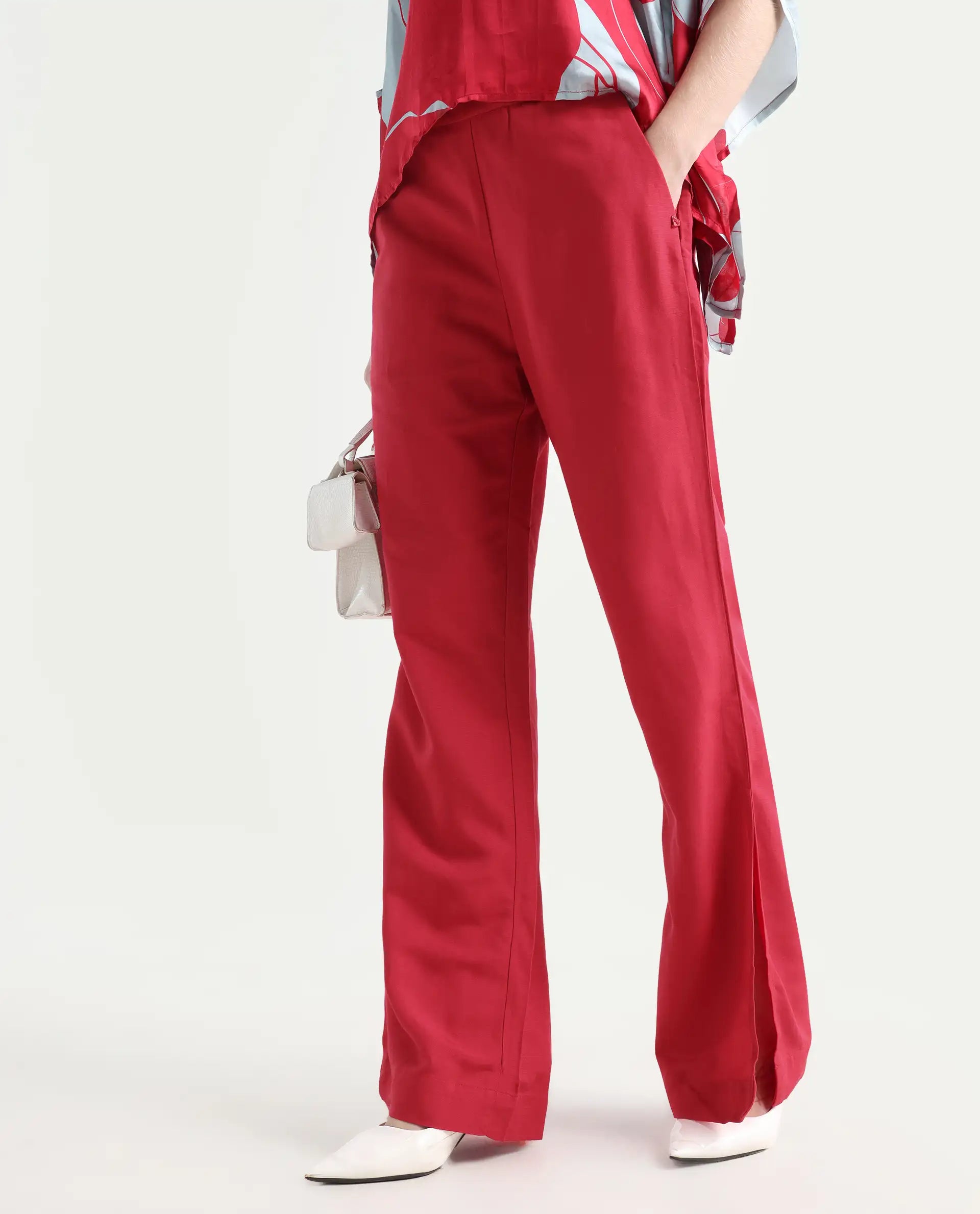 Rareism Women's Ahome Dark Red Viscose Blend Plain Ankle Length Wide Trouser