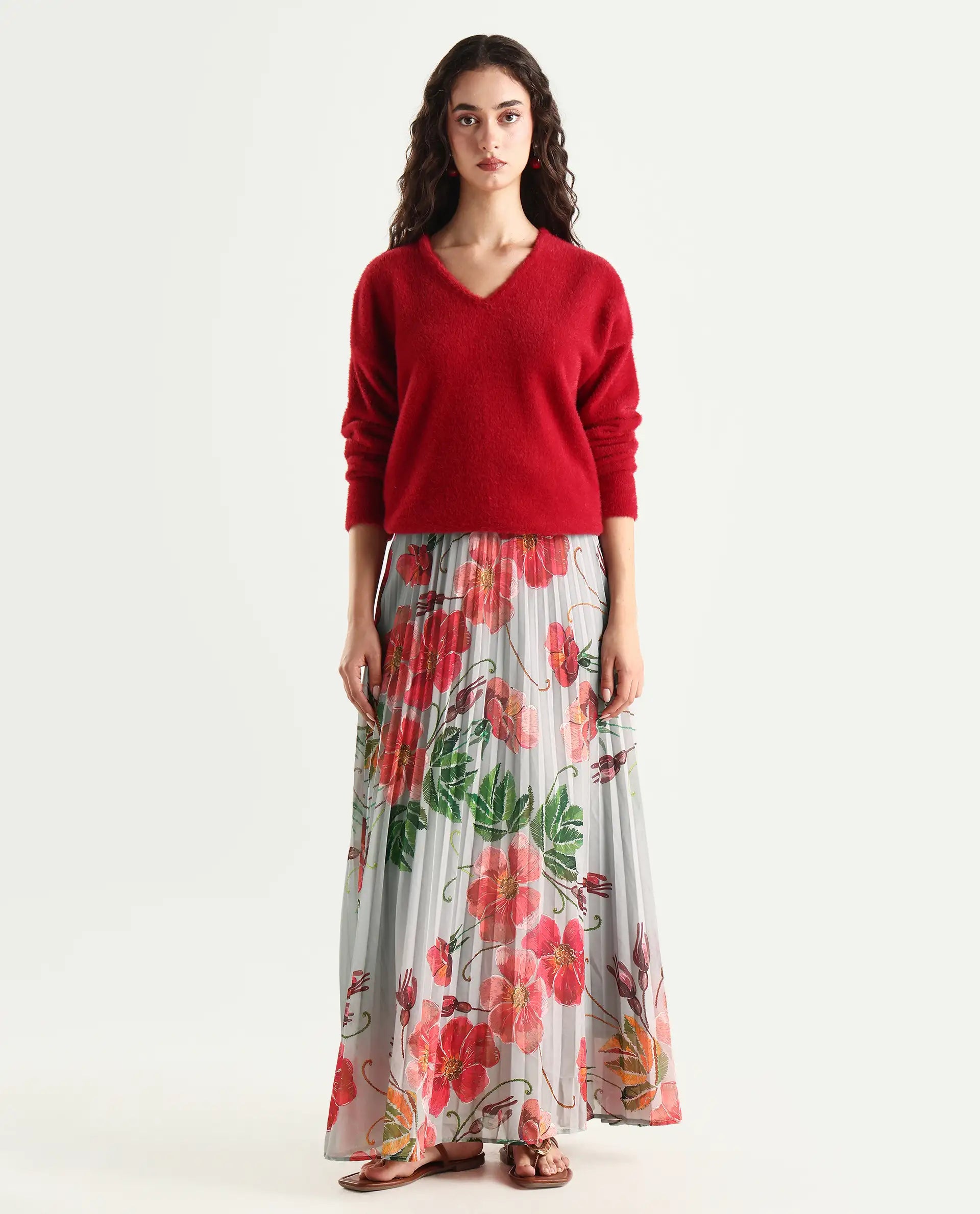 Rareism Women's Rango Multi Polyester Floral Print Maxi Flared Skirt