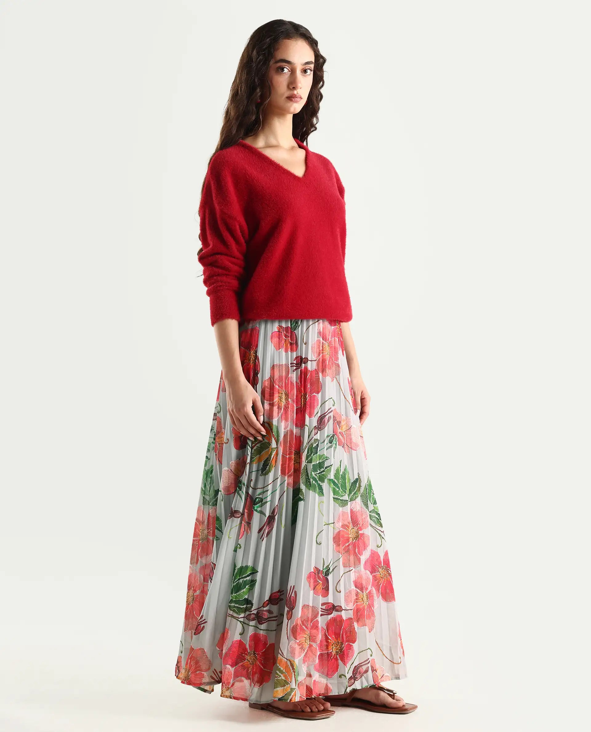 Rareism Women's Rango Multi Polyester Floral Print Maxi Flared Skirt