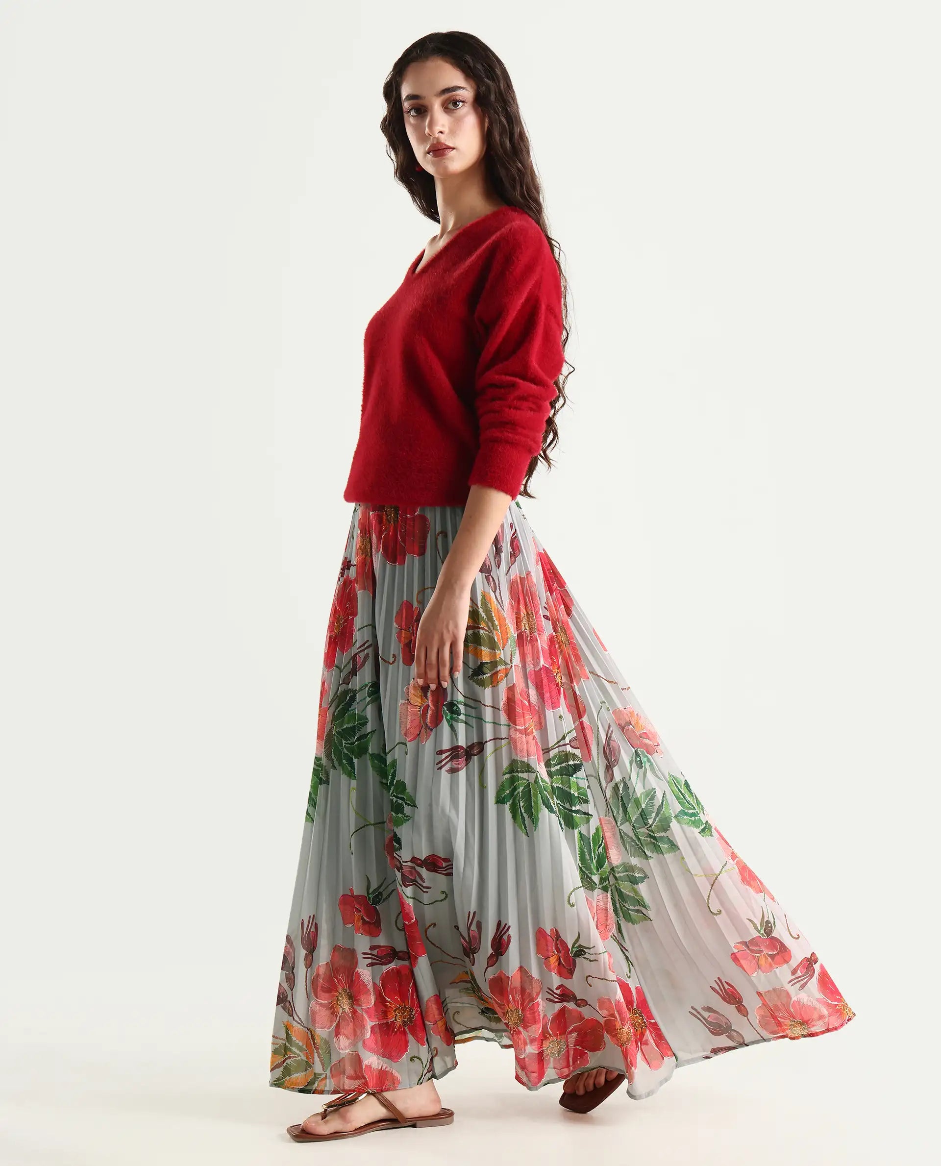 Rareism Women's Rango Multi Polyester Floral Print Maxi Flared Skirt