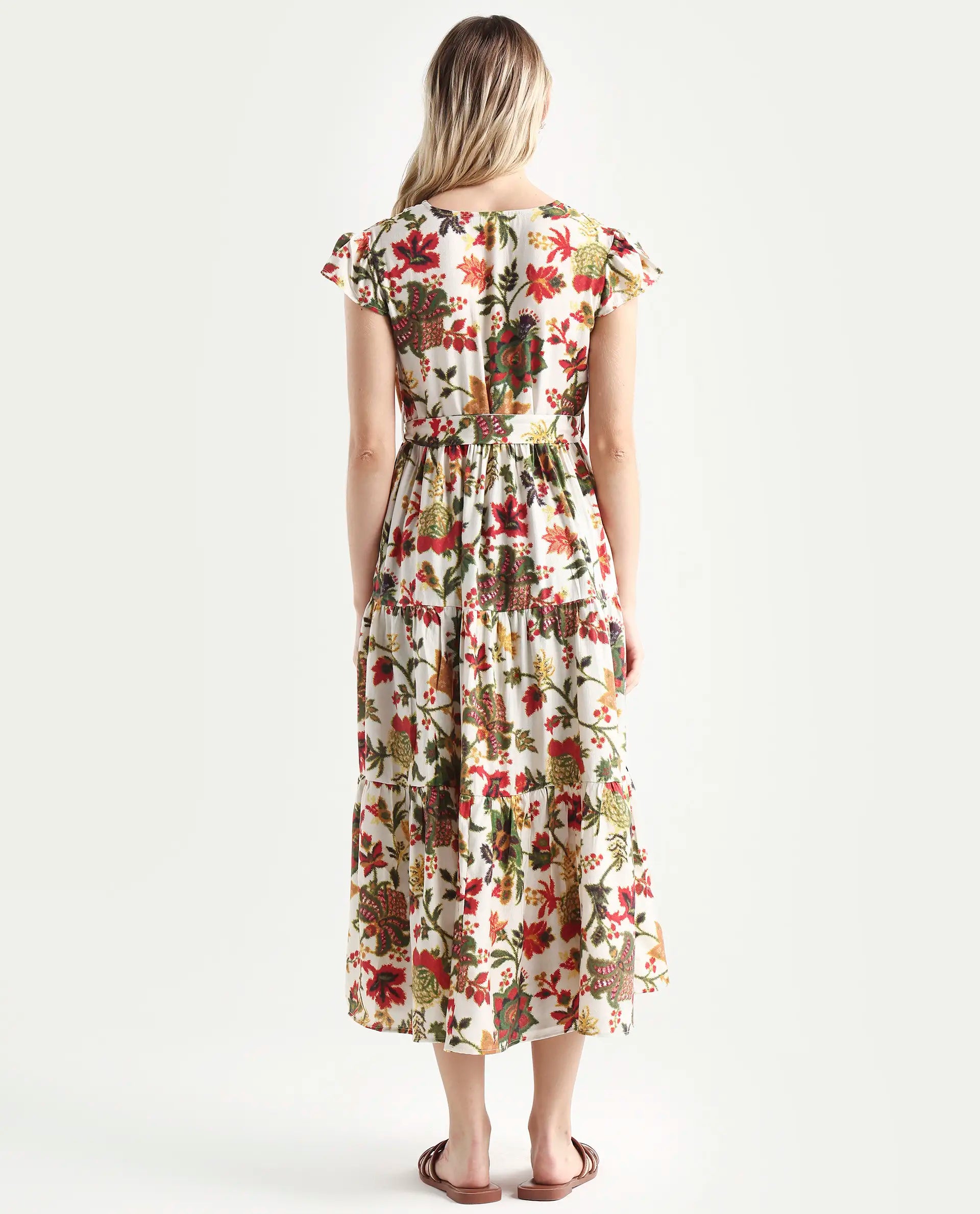 Rareism Women's Tosa Multi Viscose Blend V-Neck Floral Print Cap Sleeve Midi Fit And Flare Dress