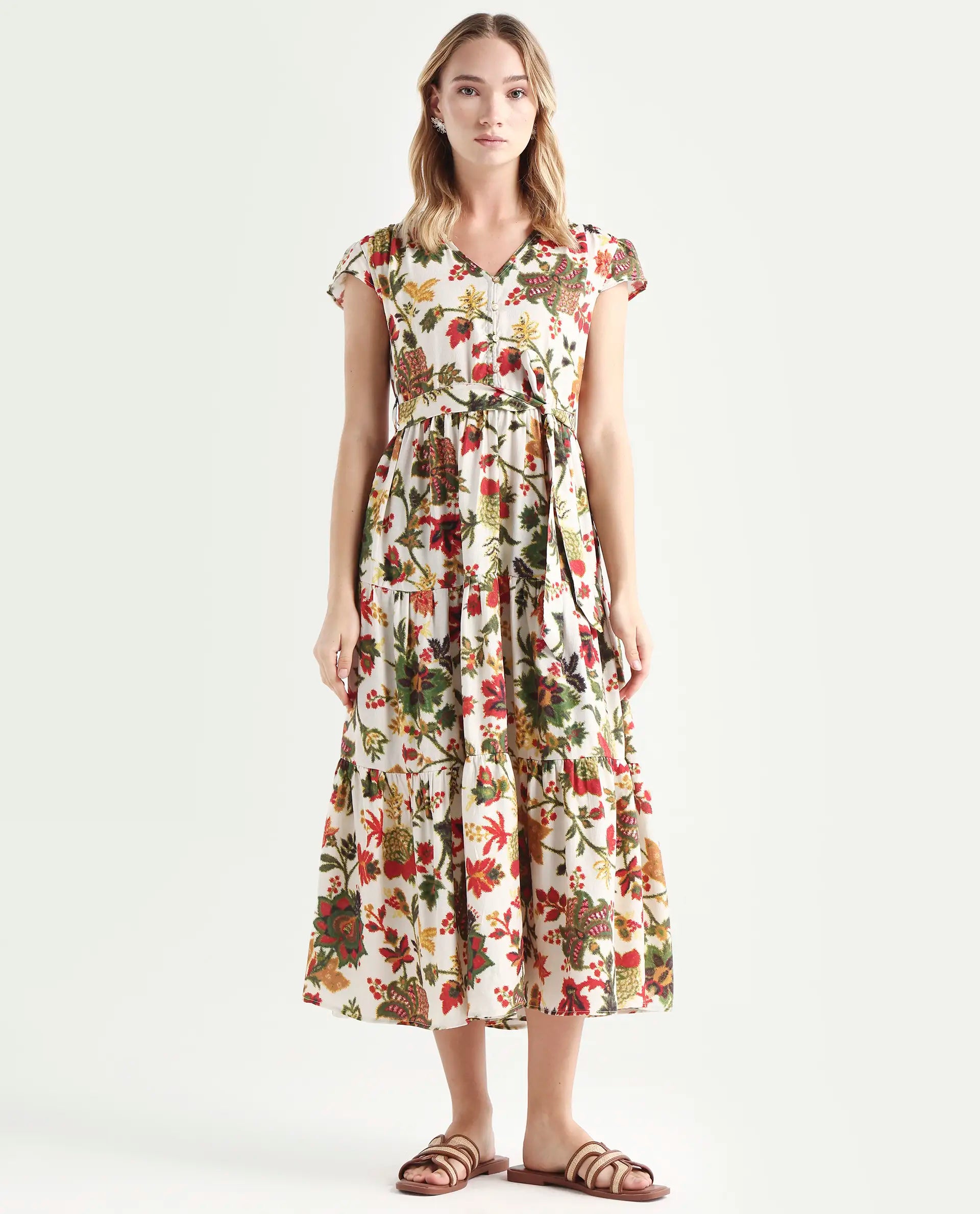 Rareism Women's Tosa Multi Viscose Blend V-Neck Floral Print Cap Sleeve Midi Fit And Flare Dress