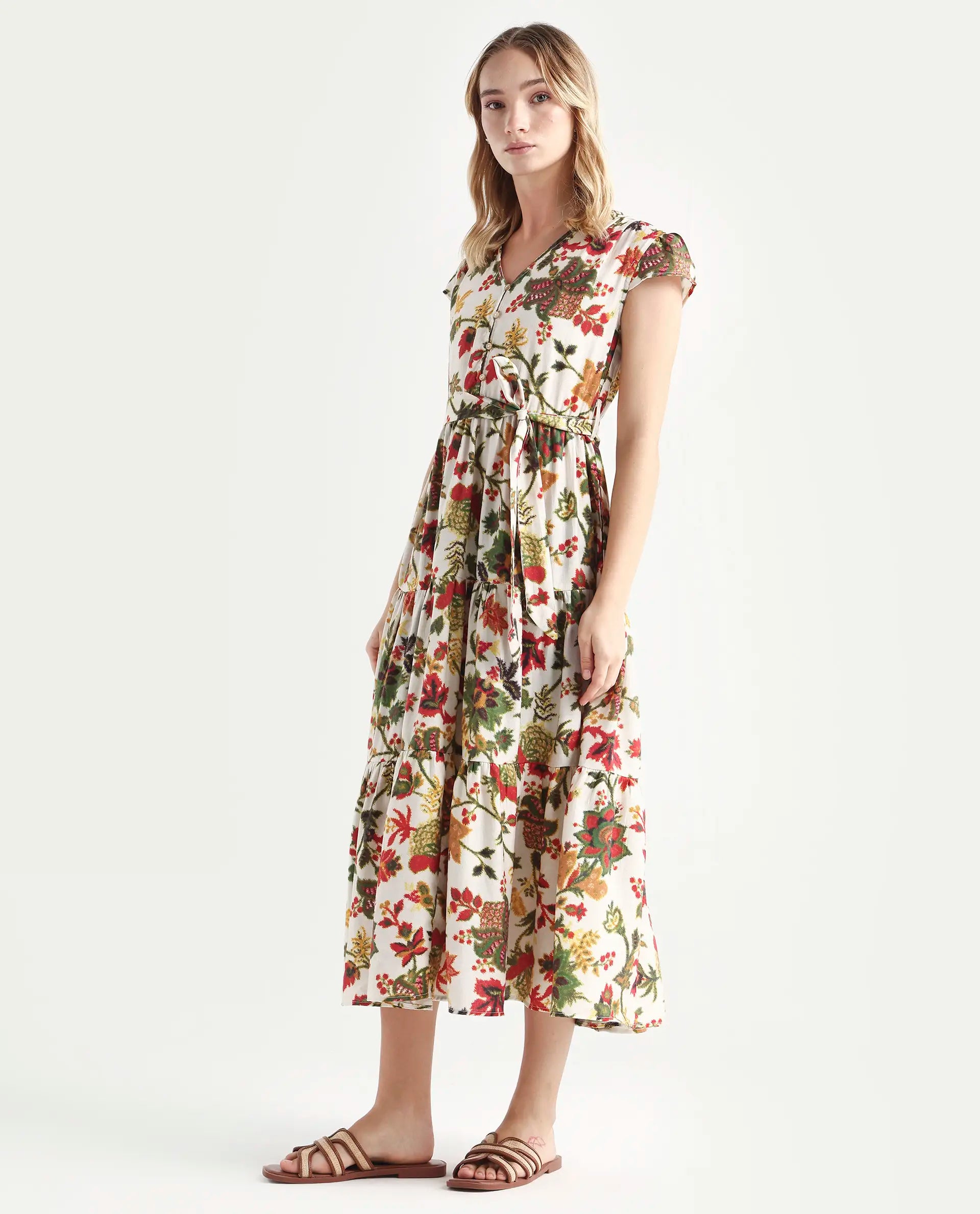 Rareism Women's Tosa Multi Viscose Blend V-Neck Floral Print Cap Sleeve Midi Fit And Flare Dress