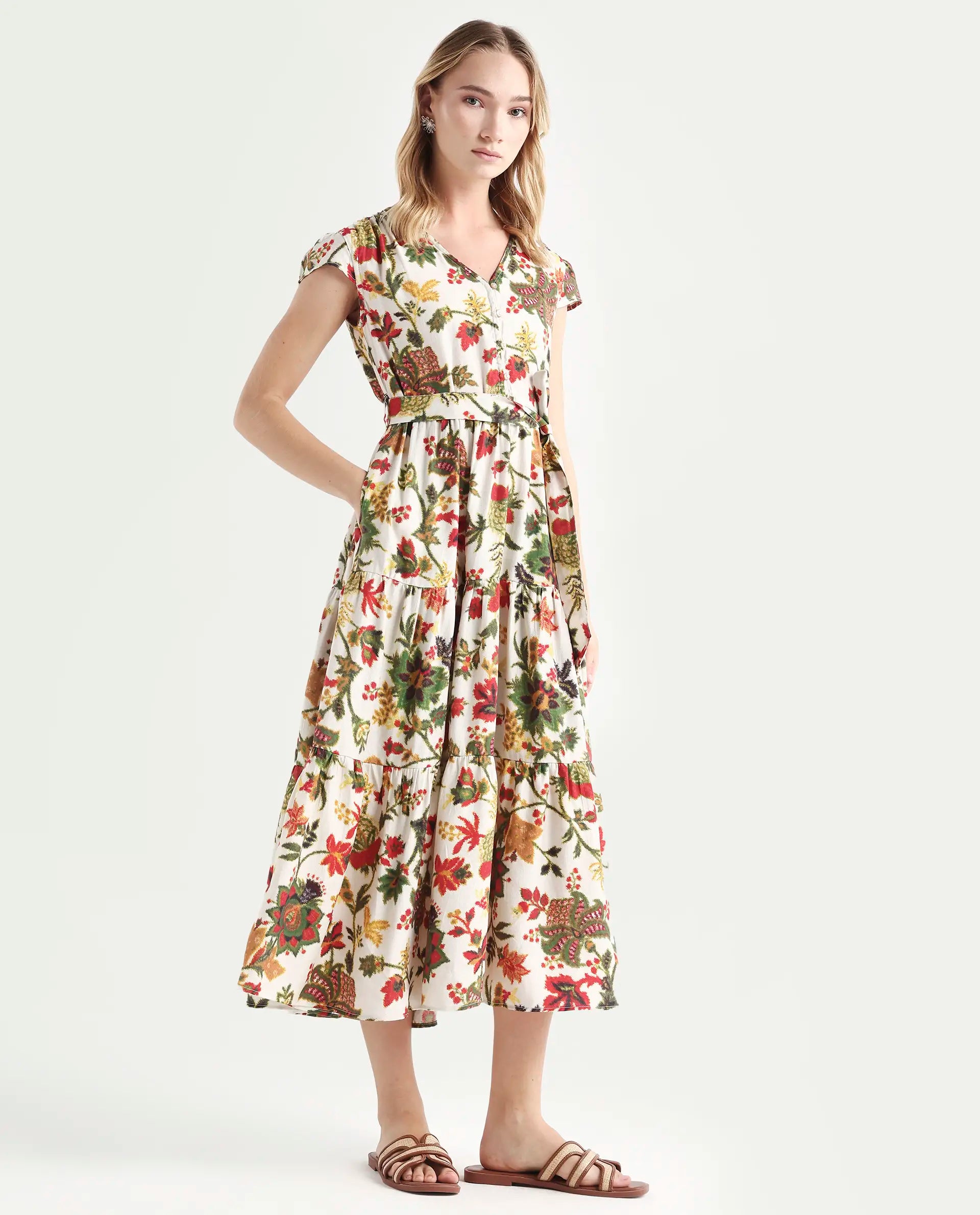 Rareism Women's Tosa Multi Viscose Blend V-Neck Floral Print Cap Sleeve Midi Fit And Flare Dress