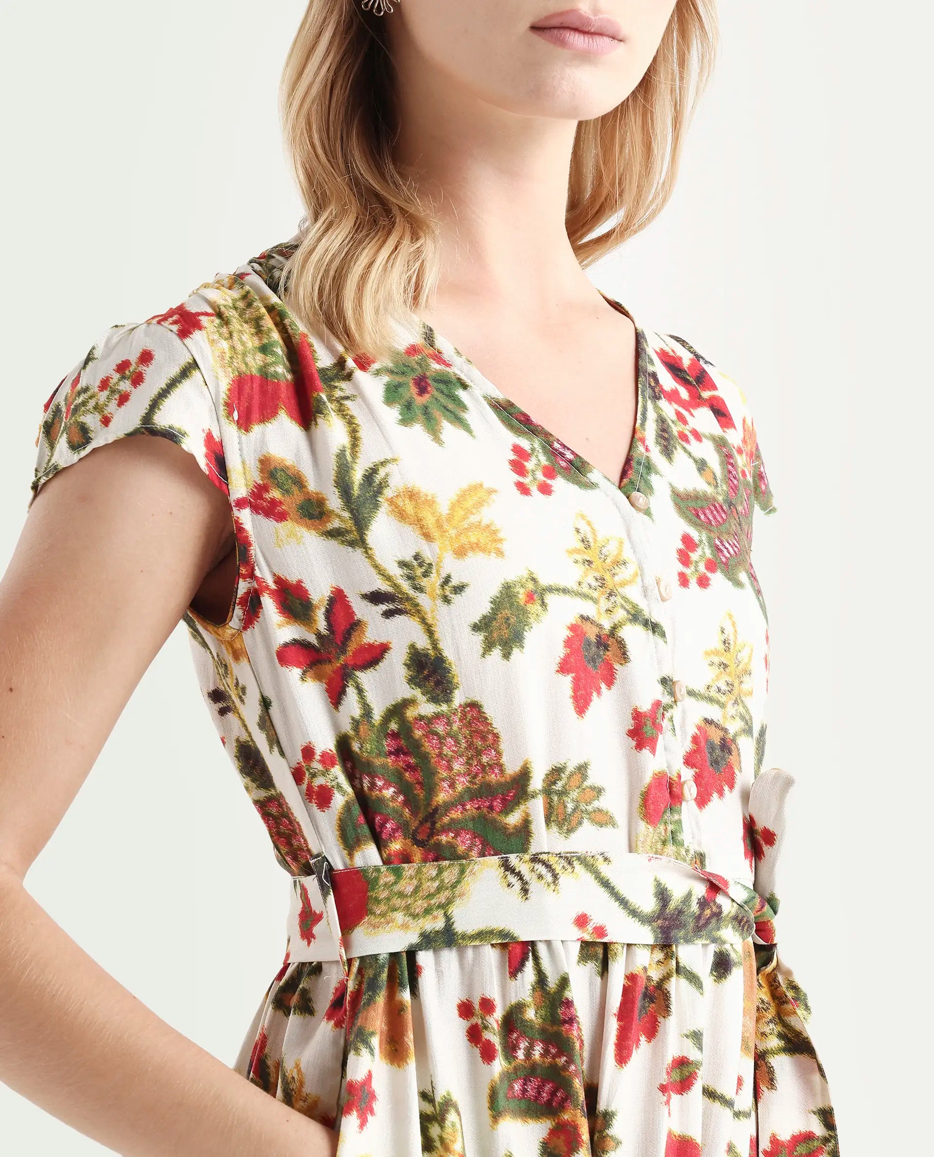 Rareism Women's Tosa Multi Viscose Blend V-Neck Floral Print Cap Sleeve Midi Fit And Flare Dress