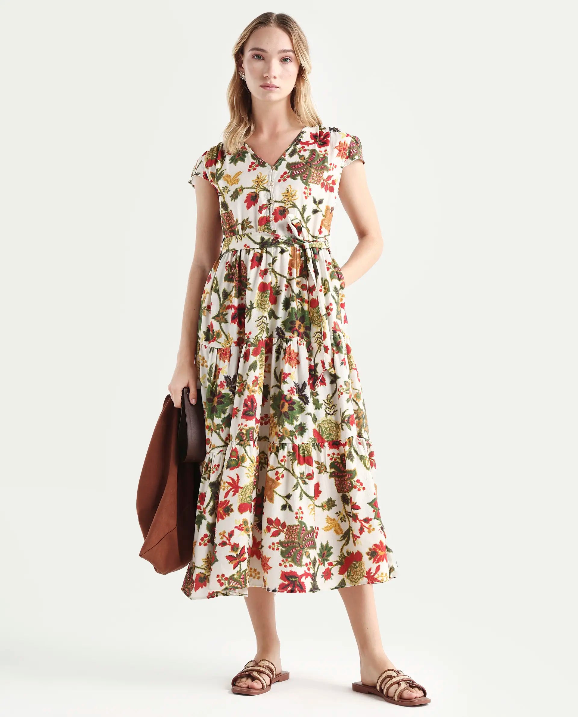 Rareism Women's Tosa Multi Viscose Blend V-Neck Floral Print Cap Sleeve Midi Fit And Flare Dress