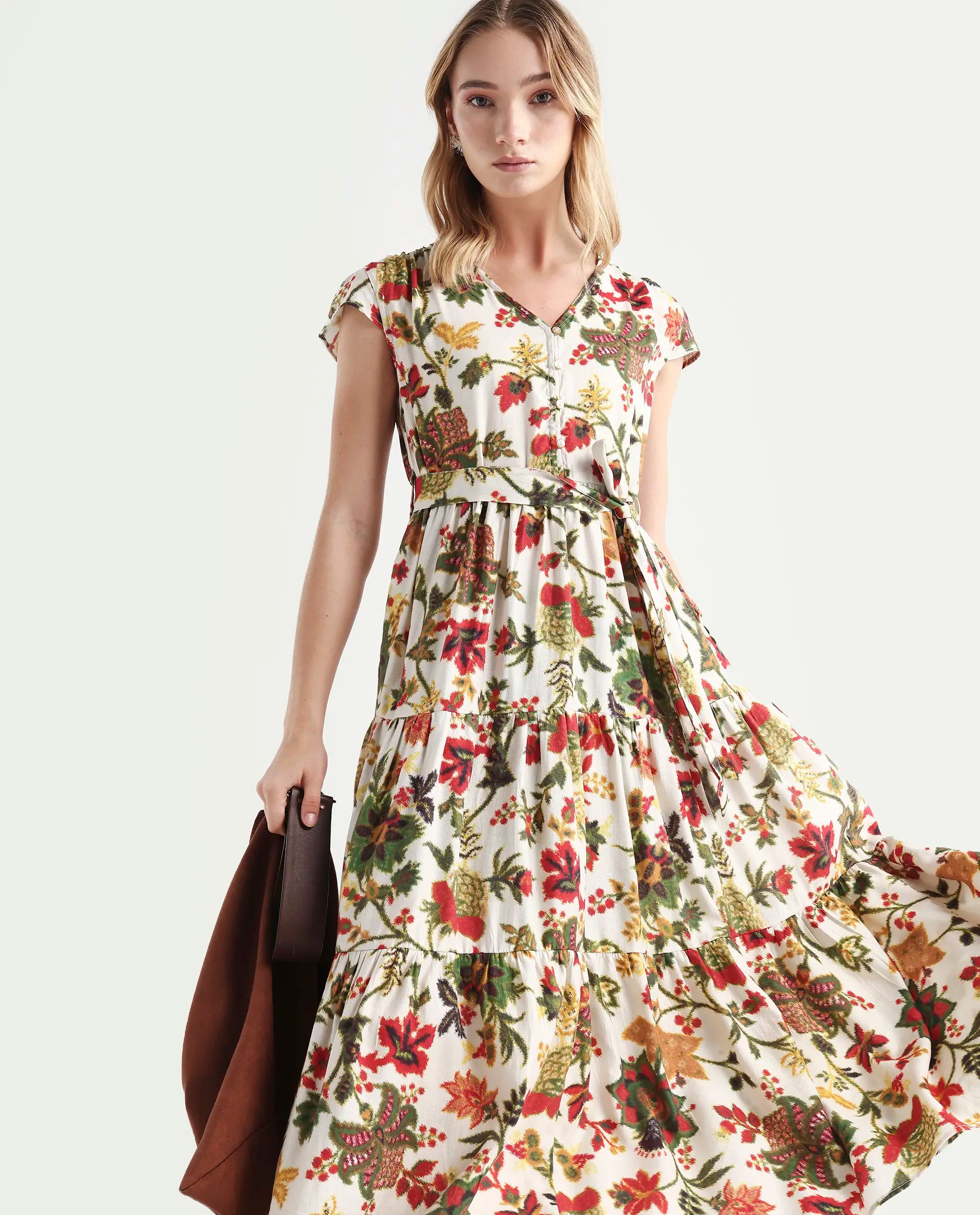 Rareism Women's Tosa Multi Viscose Blend V-Neck Floral Print Cap Sleeve Midi Fit And Flare Dress