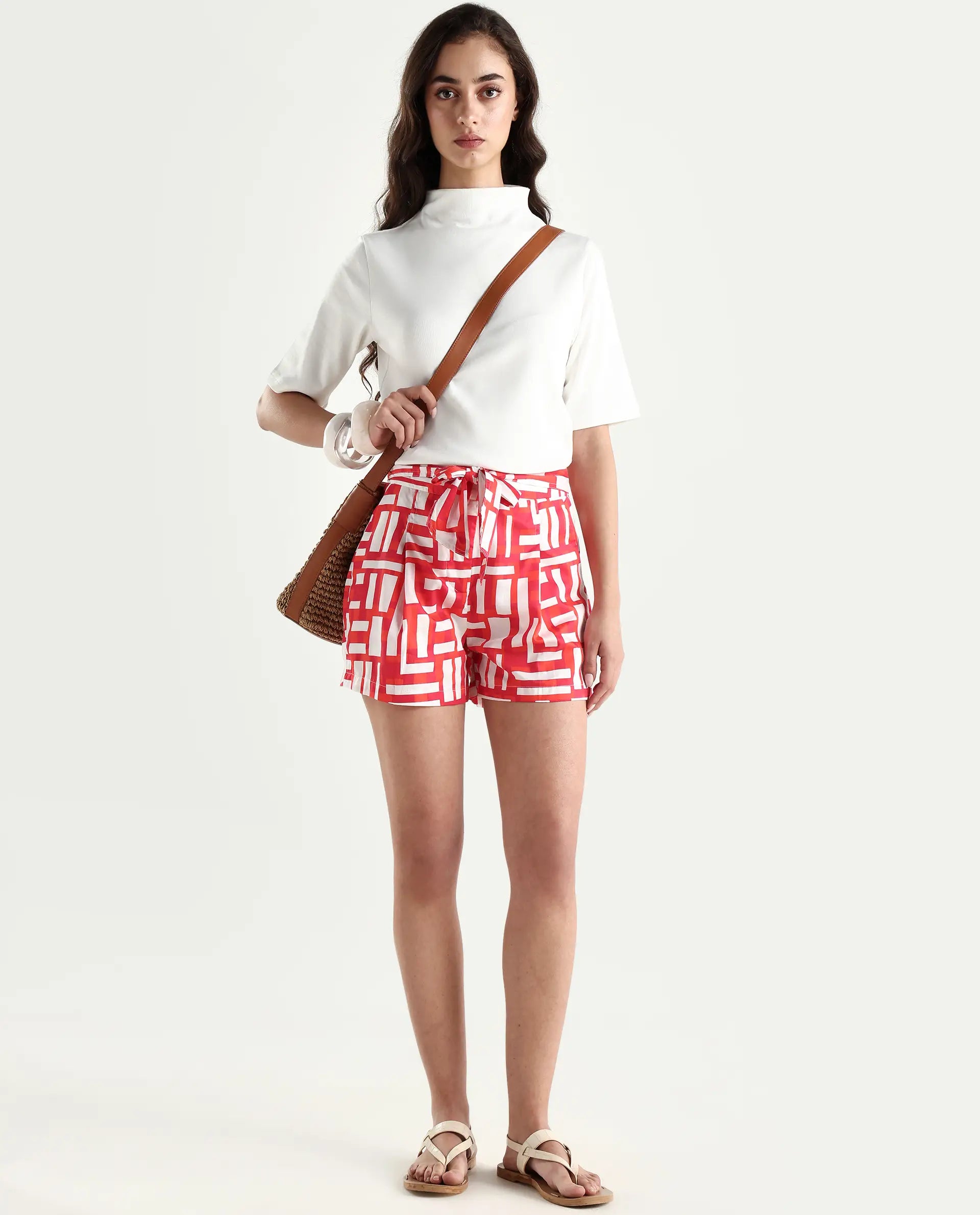 Rareism Women's Taranto Red Cotton Blend Geometric Print Mini Regular Fit Shorts