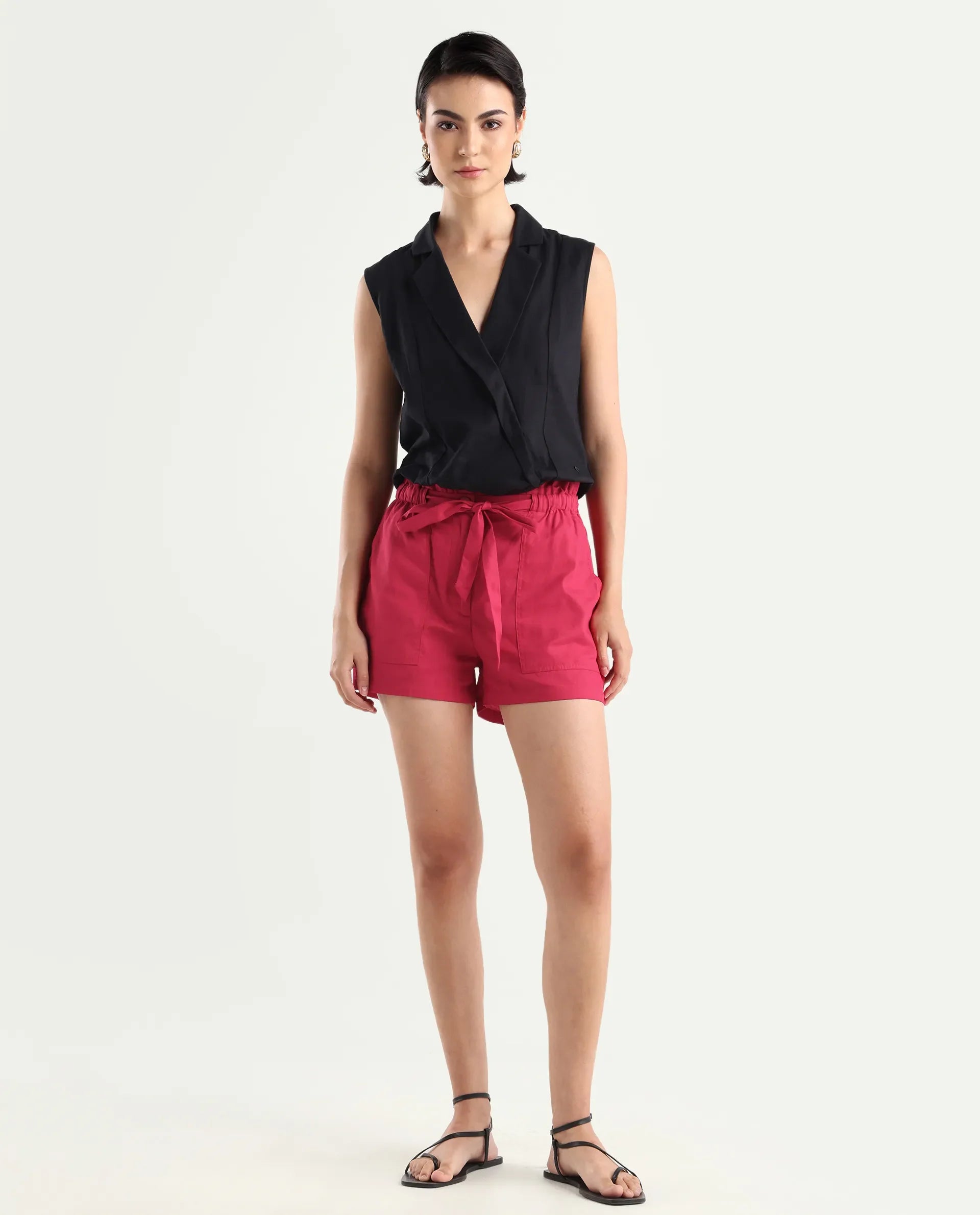 Rareism Women's Cerig Red Cotton Blend Plain Mini Regular Fit Shorts