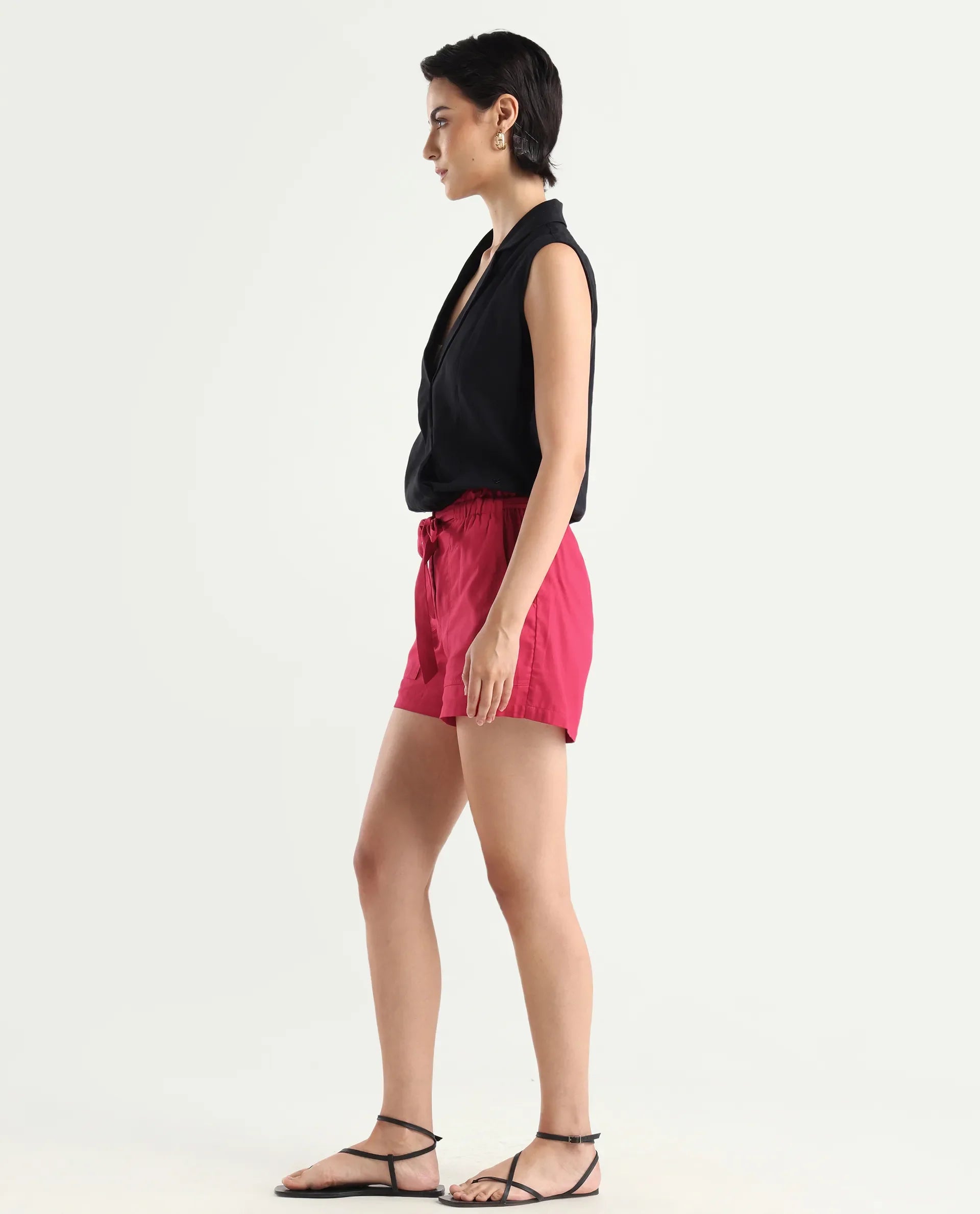 Rareism Women's Cerig Red Cotton Blend Plain Mini Regular Fit Shorts