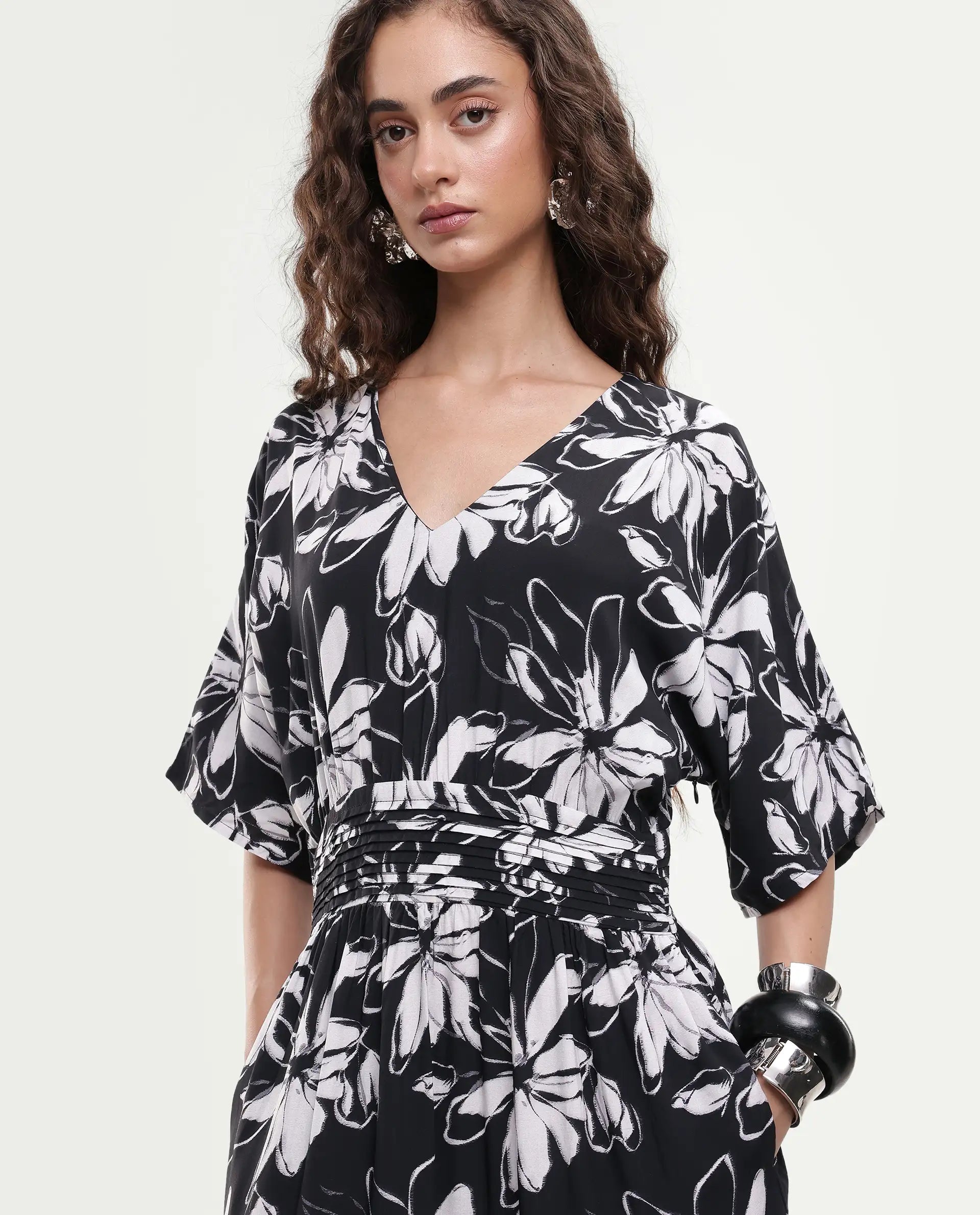 Rareism Women's Tuzio Black Viscose V-Neck Floral Print Extended Sleeves Maxi Fit And Flare Dress