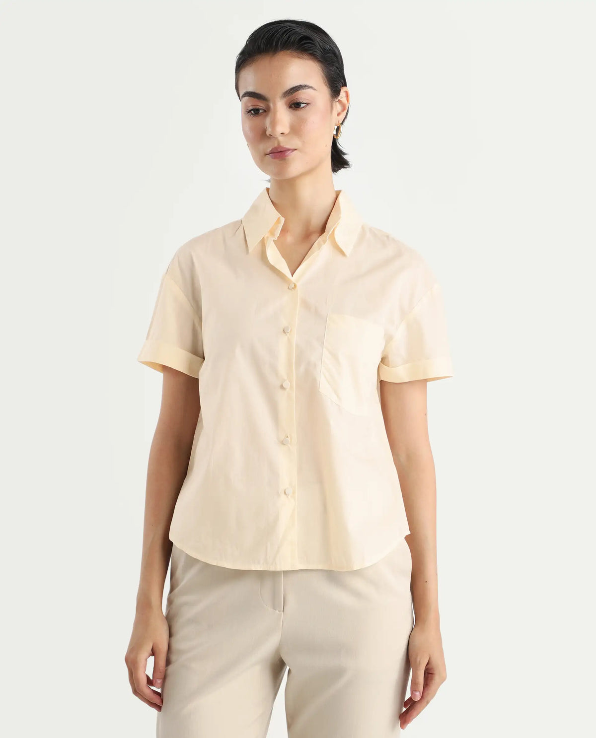 Rareism Women's Mium Beige Cotton Drop Collar Geometric Print Regular Fit Shirt