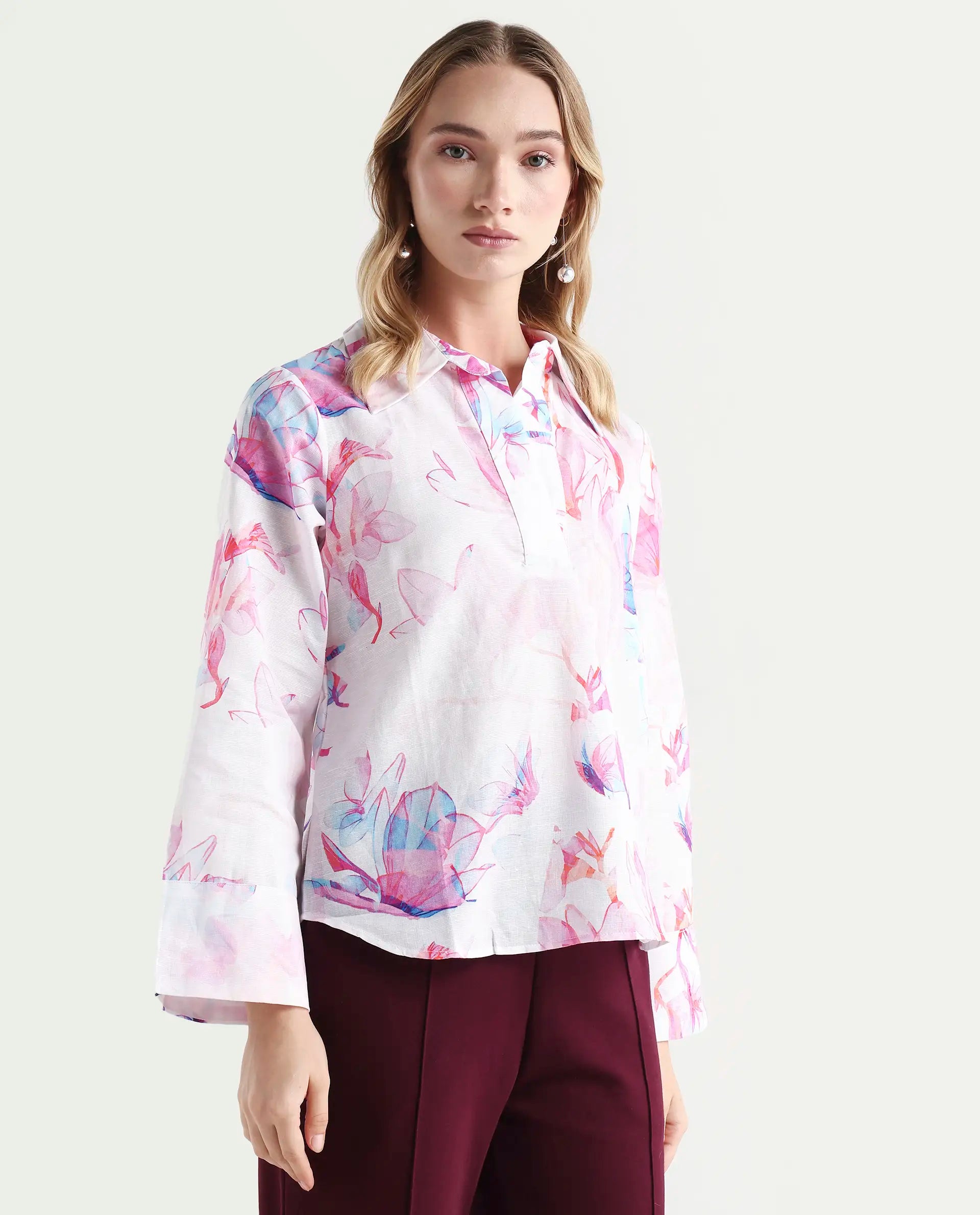 Rareism Women's Rofianie Light Multi Cotton Blend Drop Collar Abstract Print Bell Sleeve Regular Fit Top
