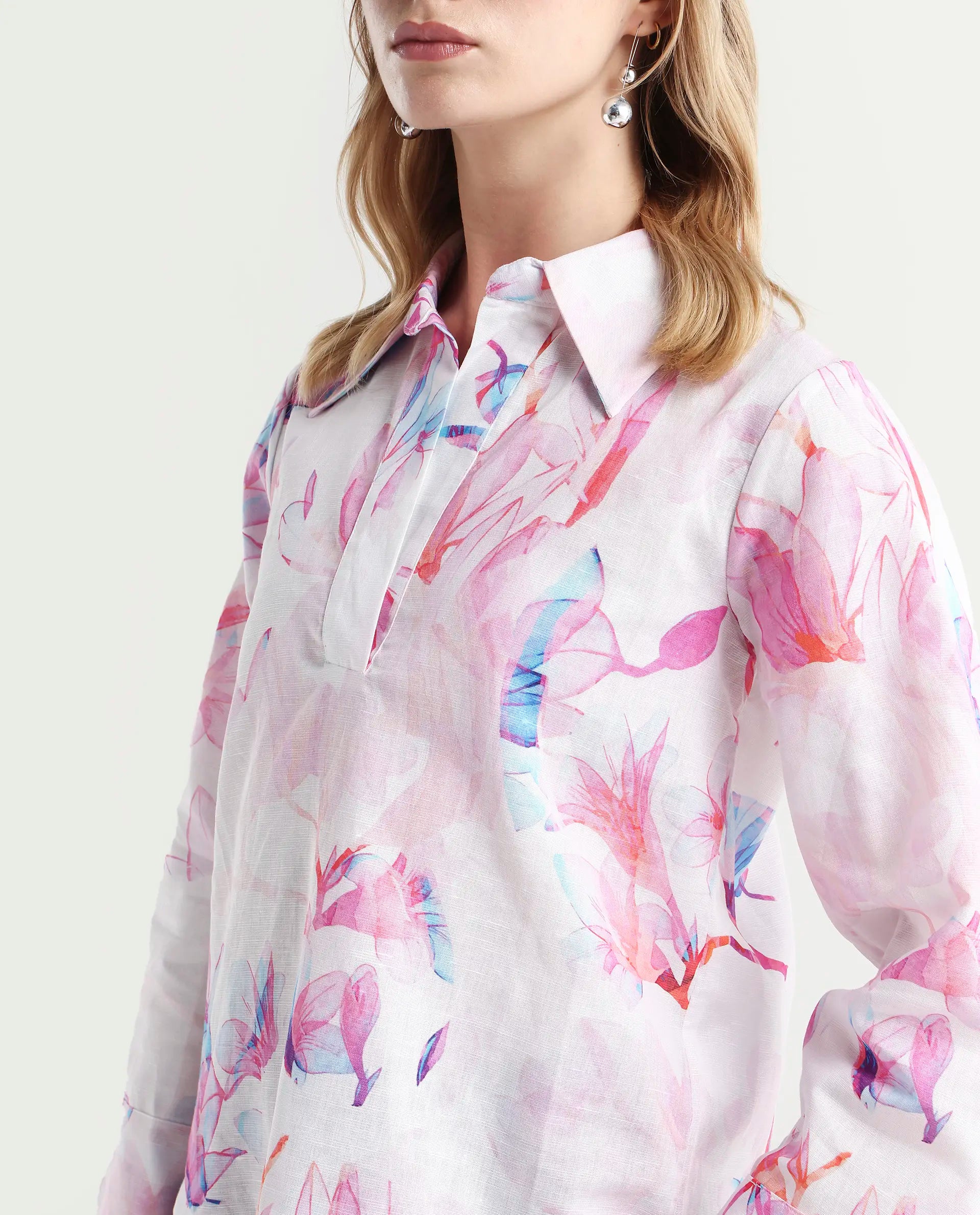 Rareism Women's Rofianie Light Multi Cotton Blend Drop Collar Abstract Print Bell Sleeve Regular Fit Top