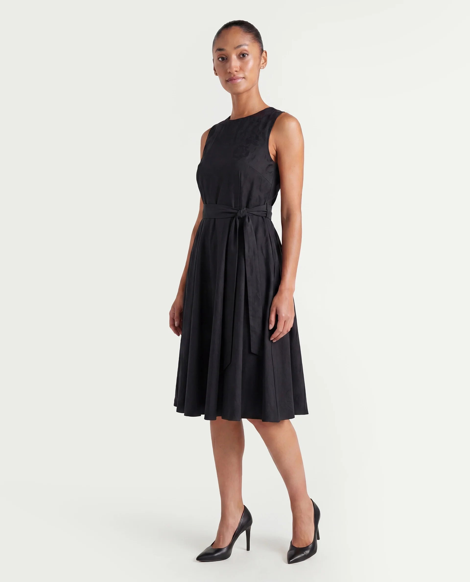Rareism Women's Mulana Black Polyester Blend Crew Neck Plain Sleeveless Midi Regular Fit Dress