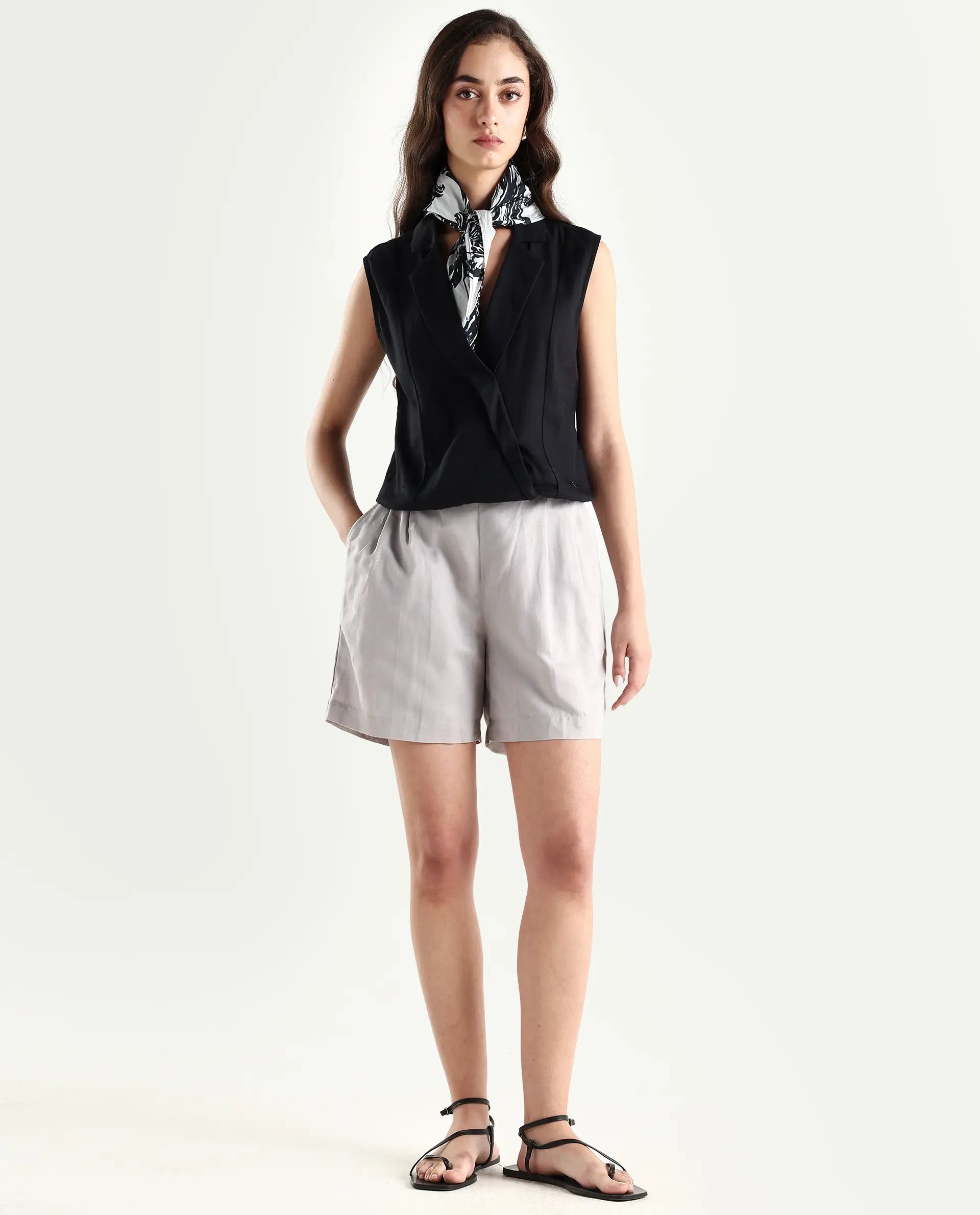 Rareism Women's Hola Grey Cotton Blend Plain Mini Regular Fit Shorts