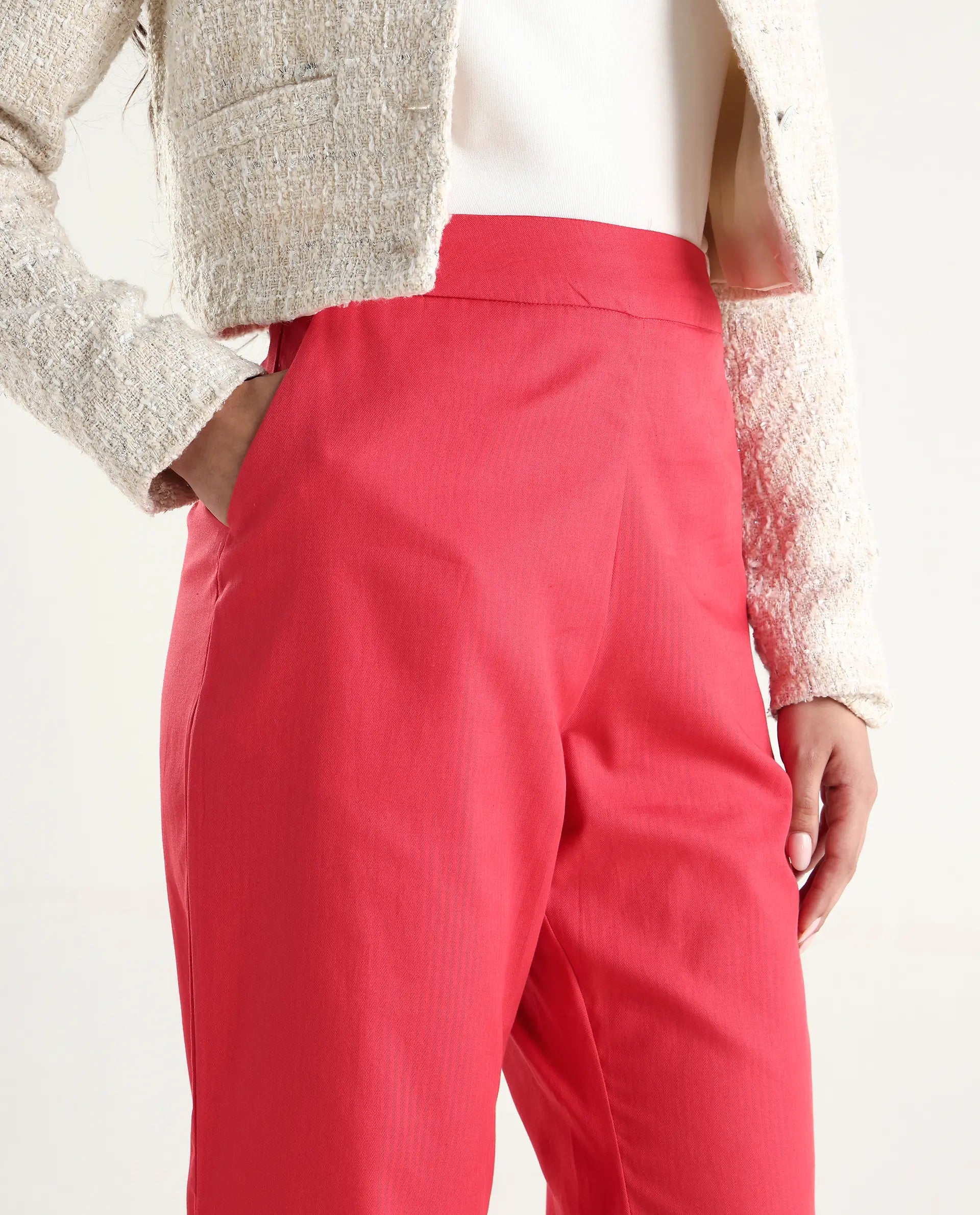 Rareism Women's Varese Light Orange Cotton Blend Plain Ankle Length Wide Leg Trouser