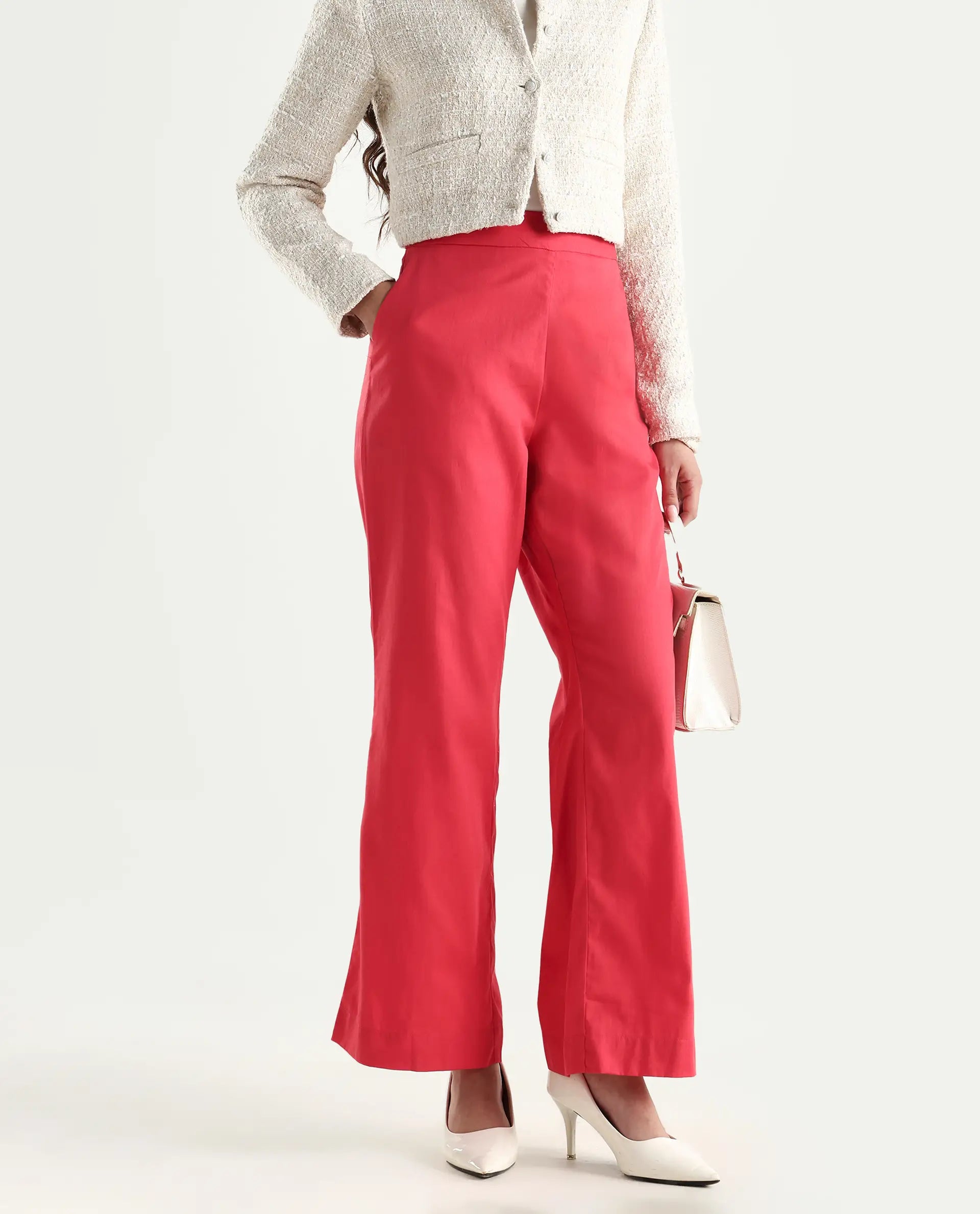 Rareism Women's Varese Light Orange Cotton Blend Plain Ankle Length Wide Leg Trouser