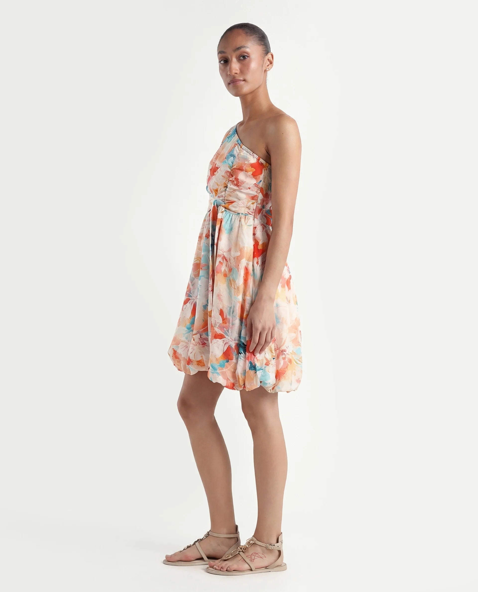 Rareism Women's Carmen Light Multi Nylon Blend One Shoulder Floral Print Bishop Sleeve Mini Fit And Flare Dress