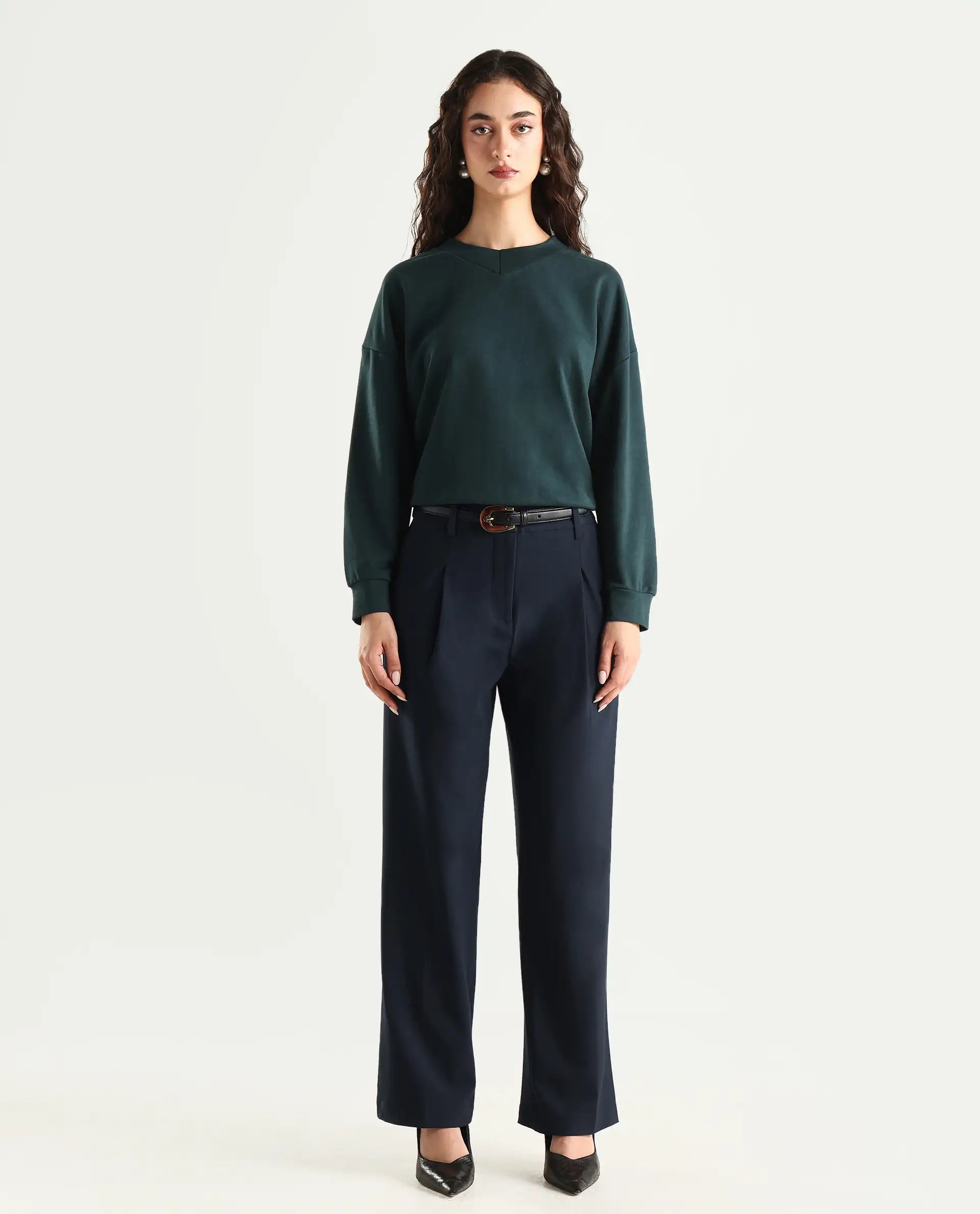 Rareism Women's Tatsa Navy Polyester Blend Plain Ankle Length Straight Fit Trouser