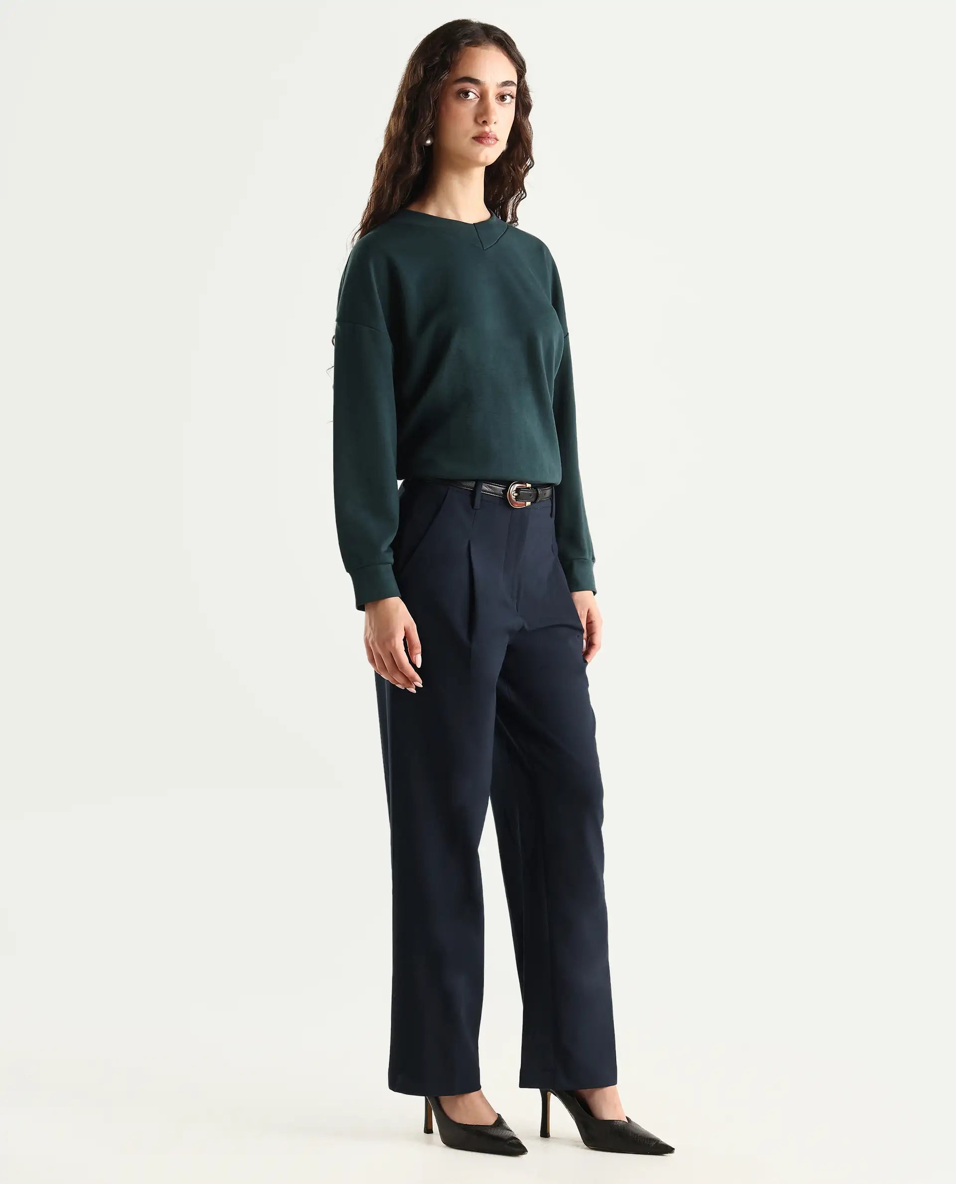 Rareism Women's Tatsa Navy Polyester Blend Plain Ankle Length Straight Fit Trouser
