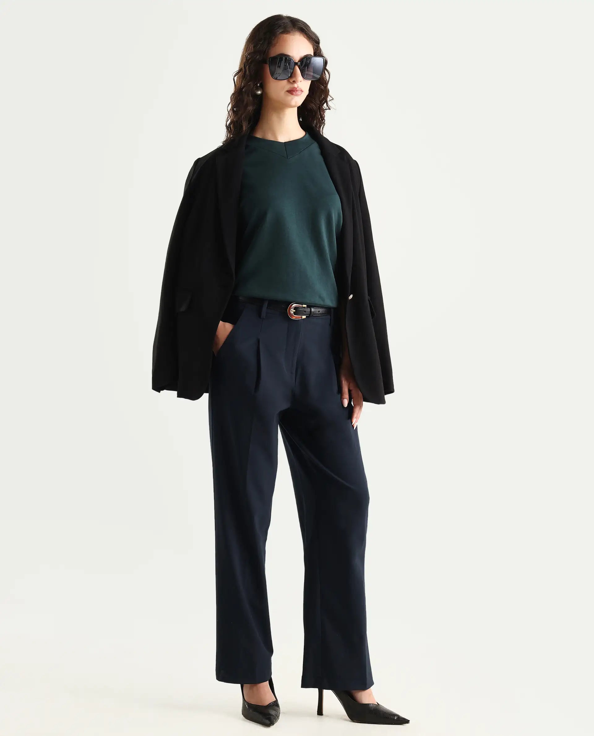 Rareism Women's Tatsa Navy Polyester Blend Plain Ankle Length Straight Fit Trouser