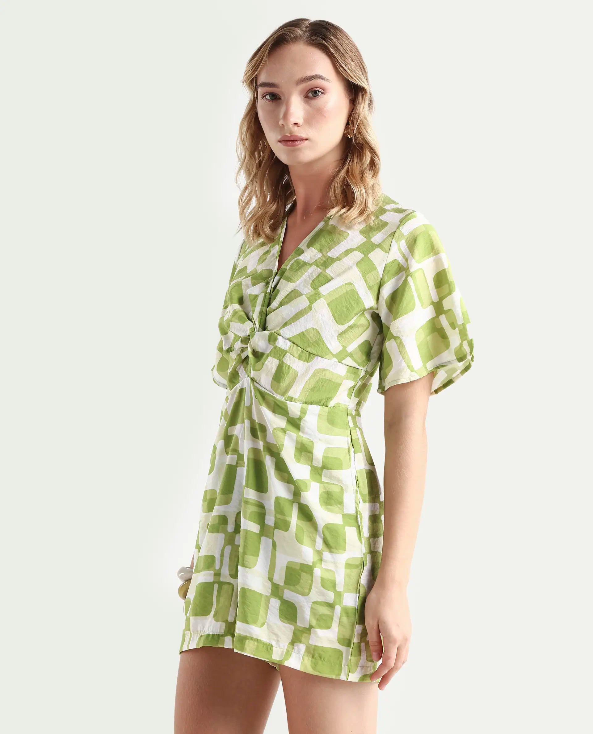 Rareism Women's Padua Light Green Nylon Blend V-Neck Geometric Print Bishop Sleeve Mini Regular Fit Playsuit