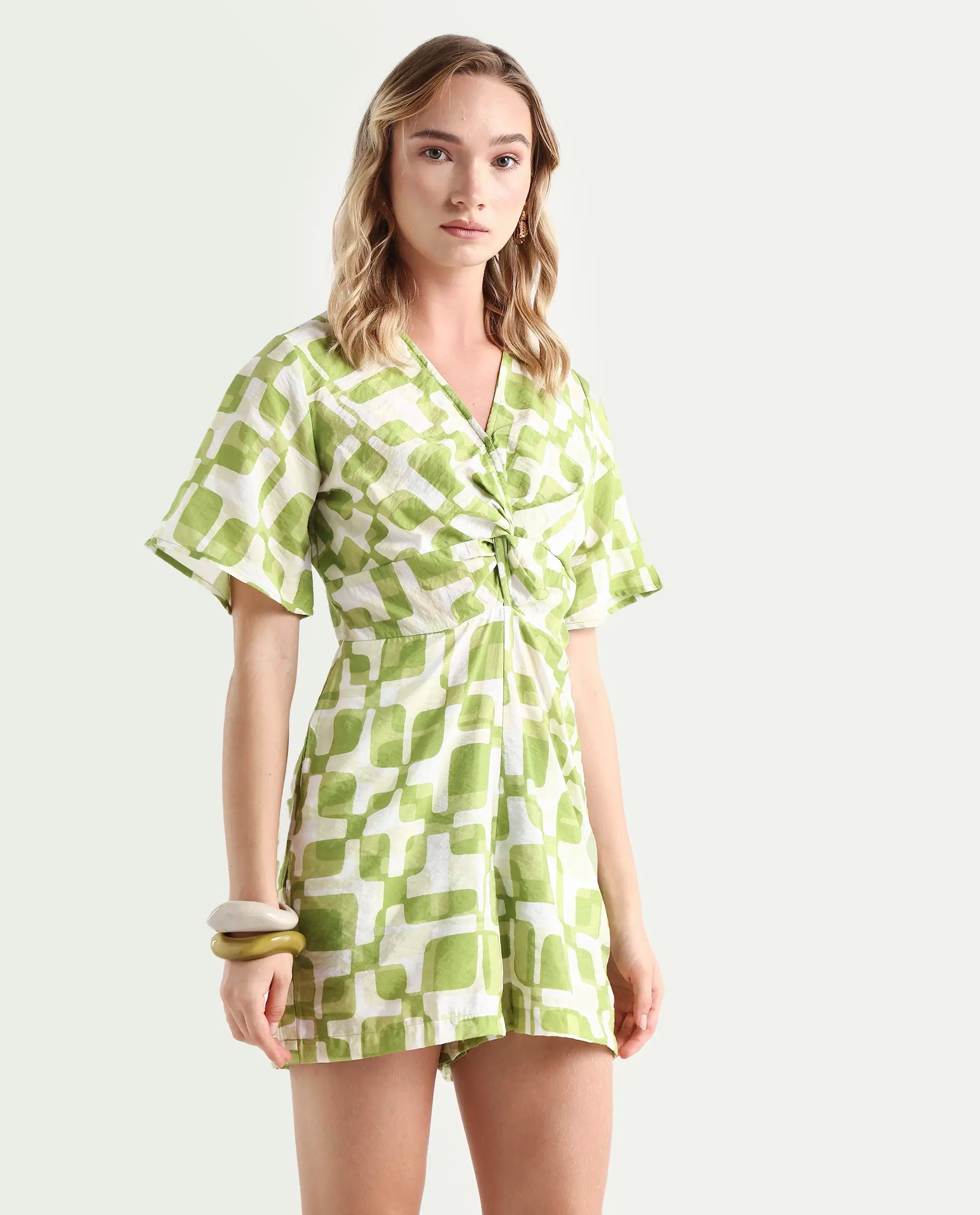 Rareism Women's Padua Light Green Nylon Blend V-Neck Geometric Print Bishop Sleeve Mini Regular Fit Playsuit
