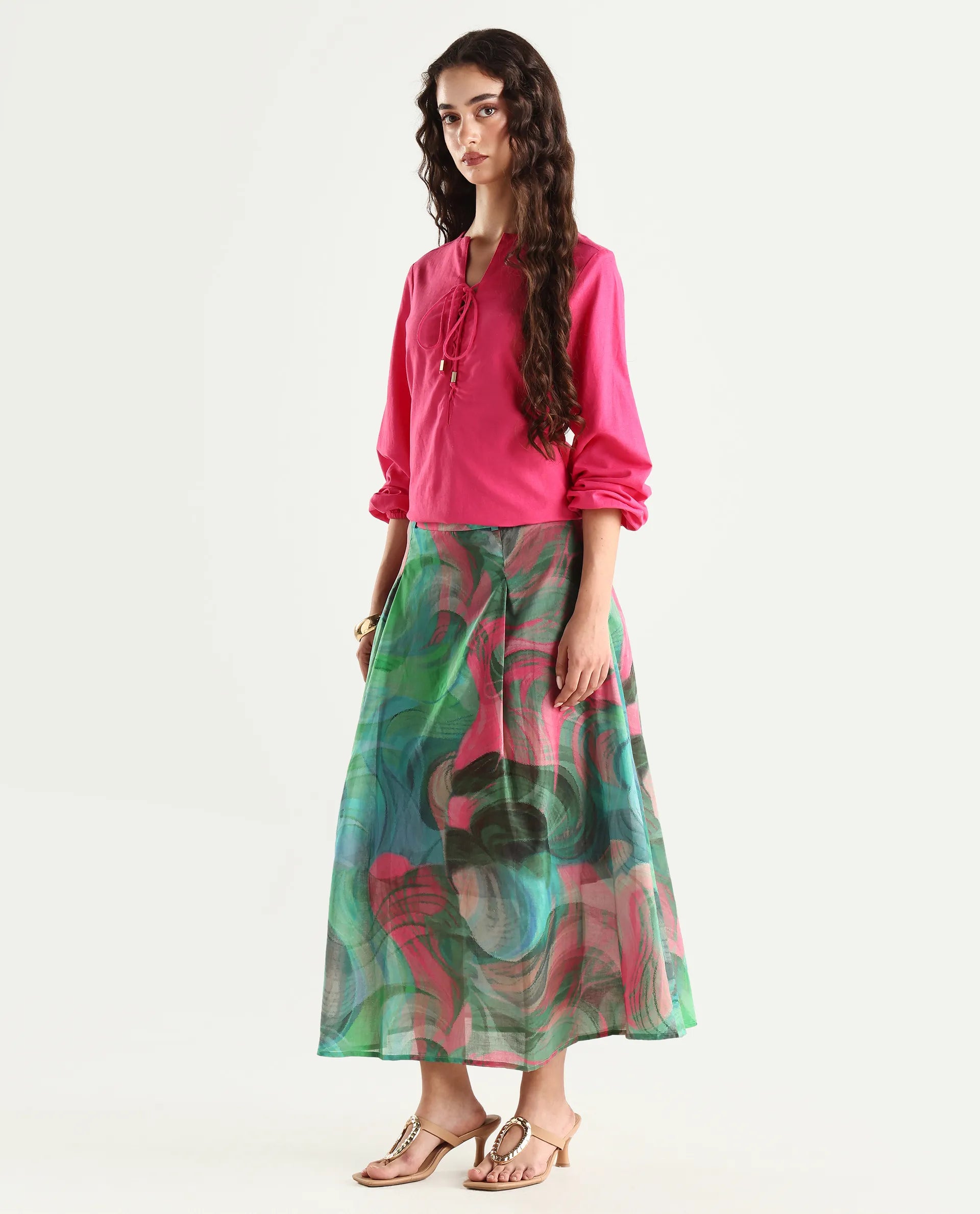 Rareism Women's Treviso Dusky Polyester Abstract Print Midi Flared Skirt