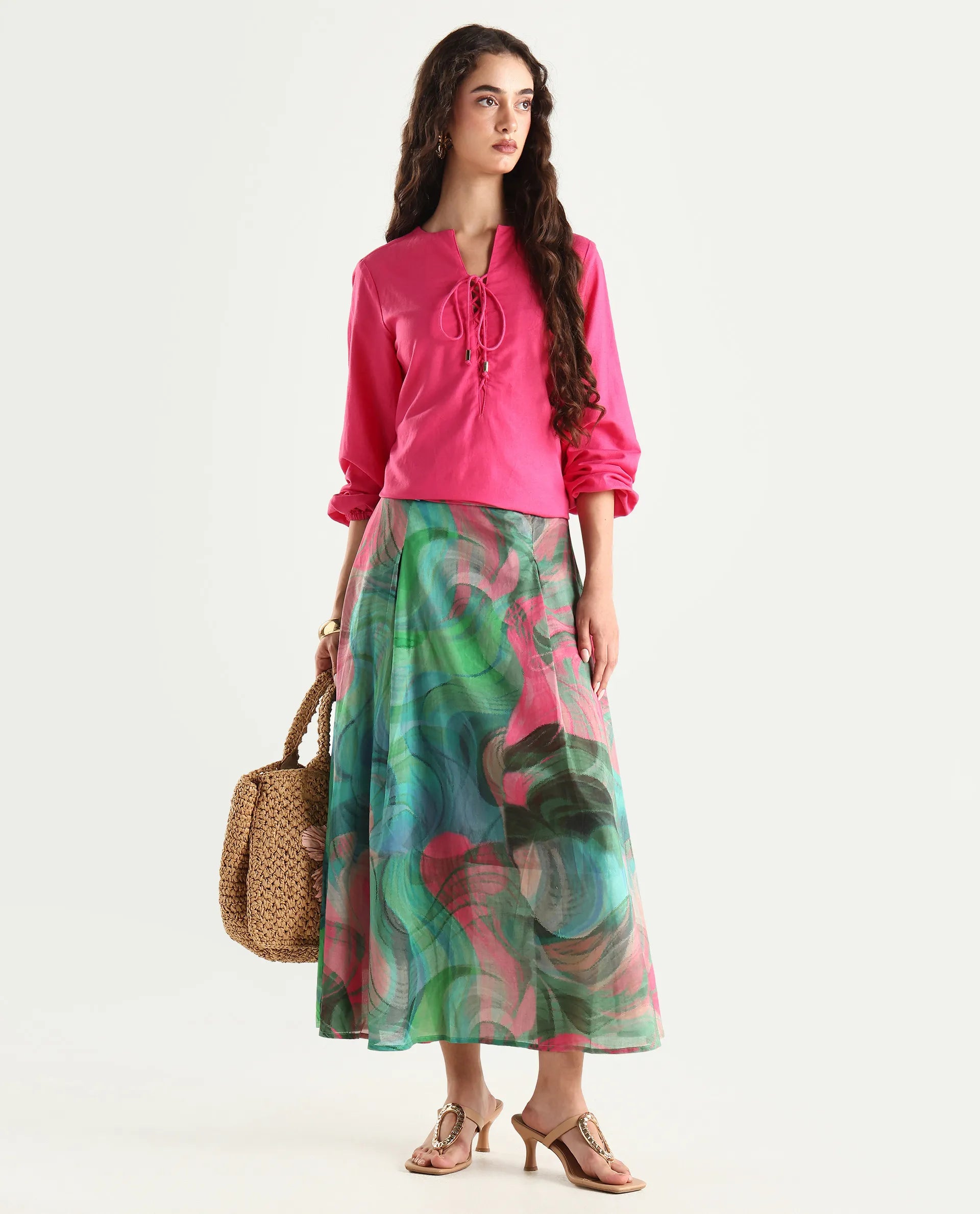 Rareism Women's Treviso Dusky Polyester Abstract Print Midi Flared Skirt