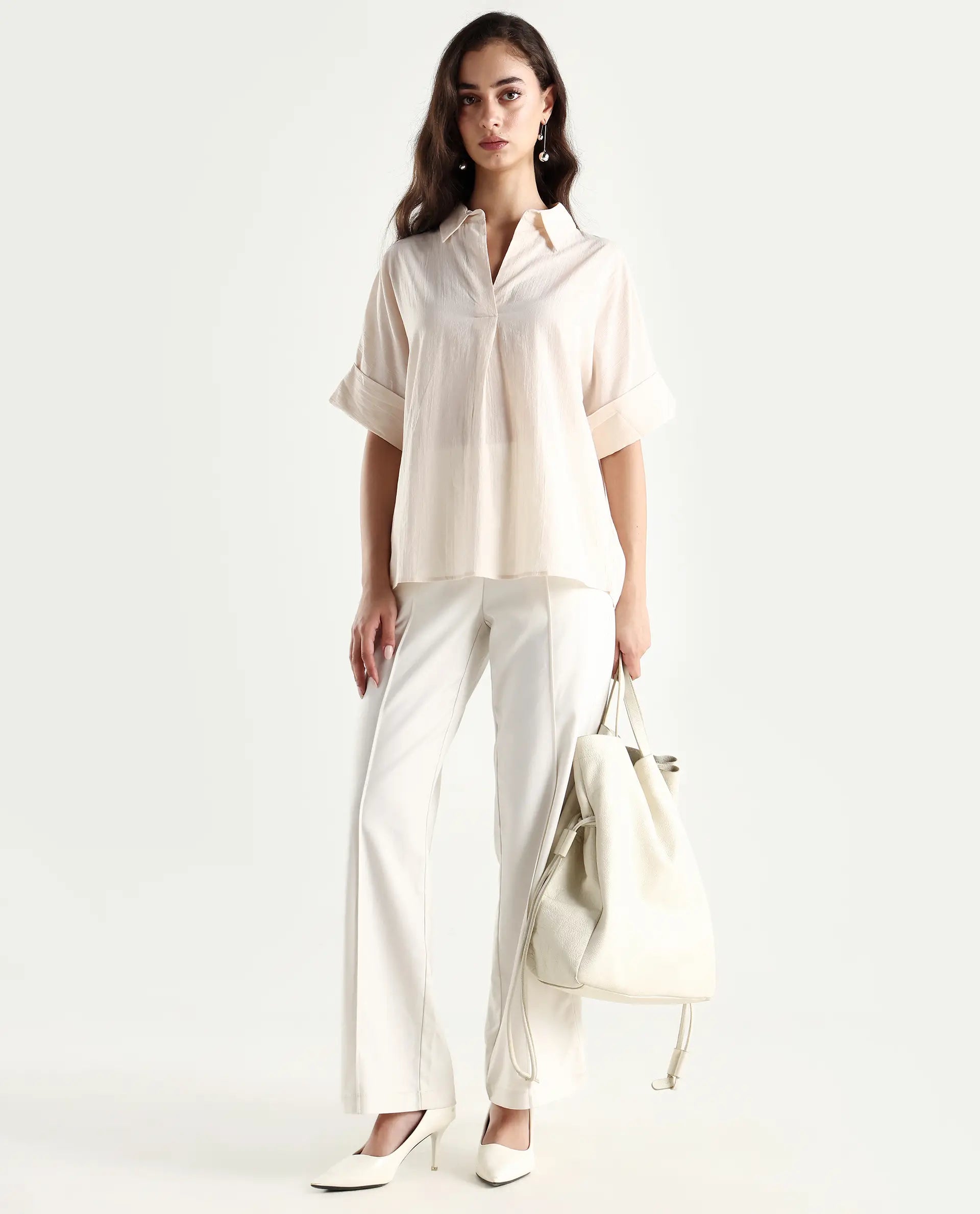 Rareism Women's Tabsco Light Off White Cotton Blend Lapel Neck Plain Regular Fit Shirt