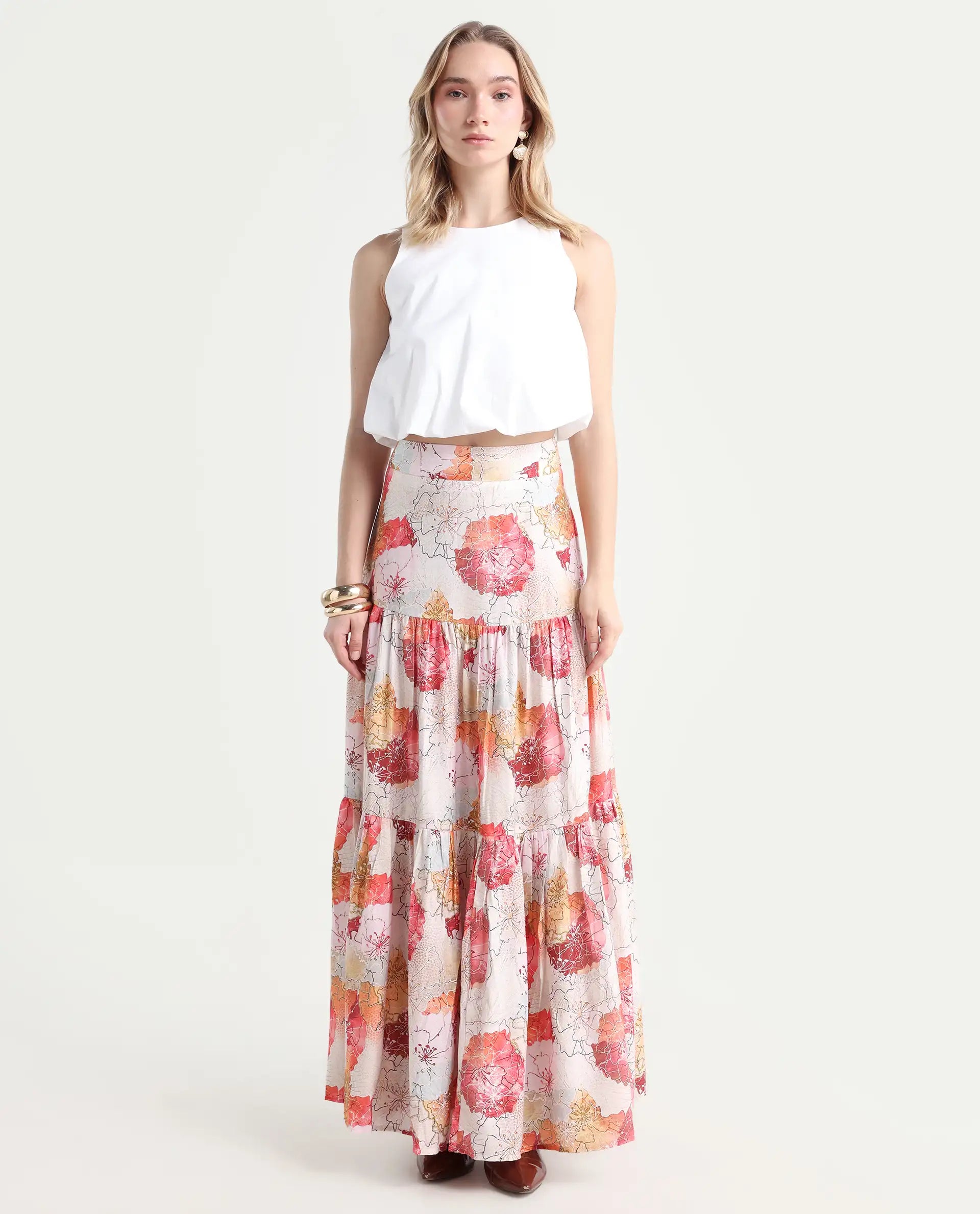 Rareism Women's Solan Multi Viscose Blend Floral Print Maxi Flared Skirt