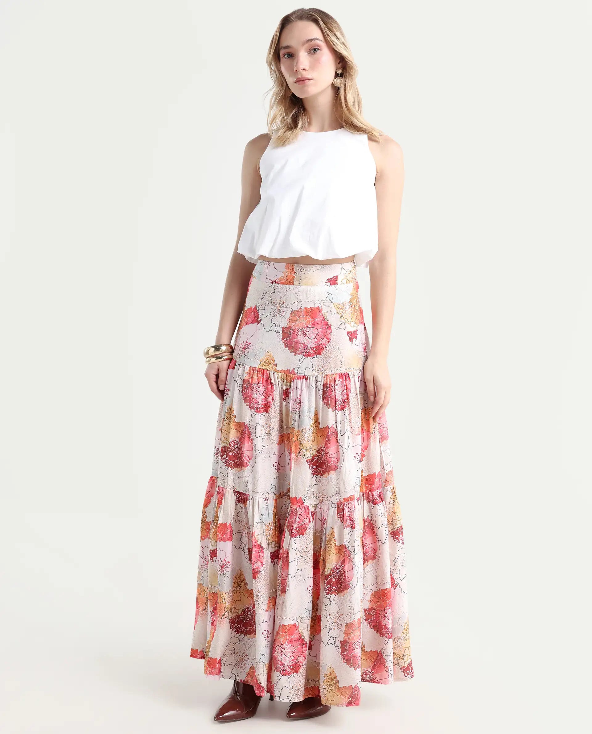 Rareism Women's Solan Multi Viscose Blend Floral Print Maxi Flared Skirt