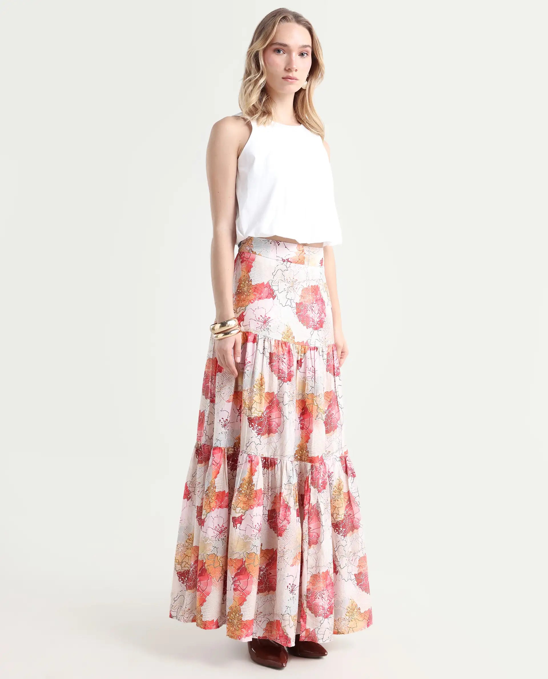 Rareism Women's Solan Multi Viscose Blend Floral Print Maxi Flared Skirt