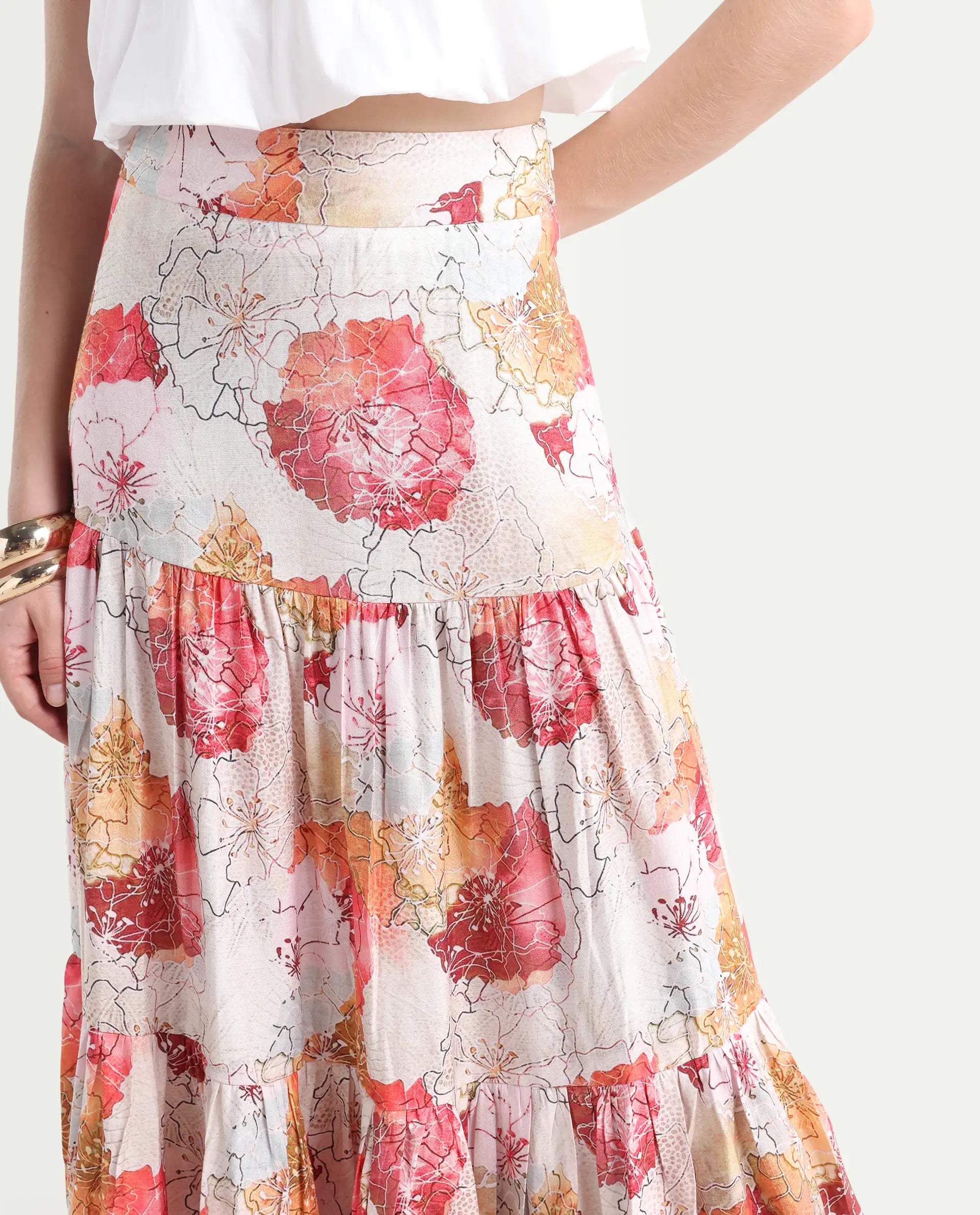 Rareism Women's Solan Multi Viscose Blend Floral Print Maxi Flared Skirt