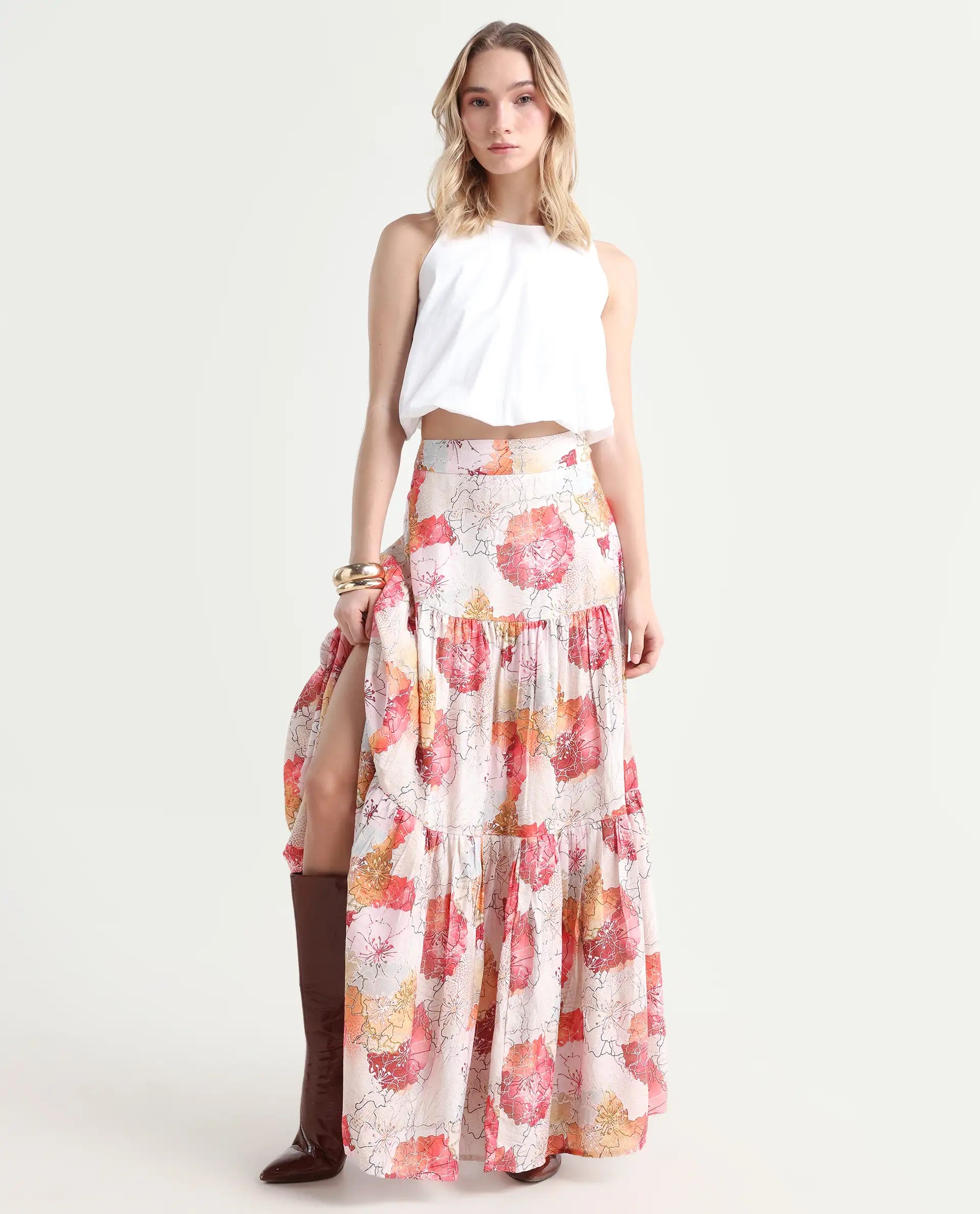 Rareism Women's Solan Multi Viscose Blend Floral Print Maxi Flared Skirt