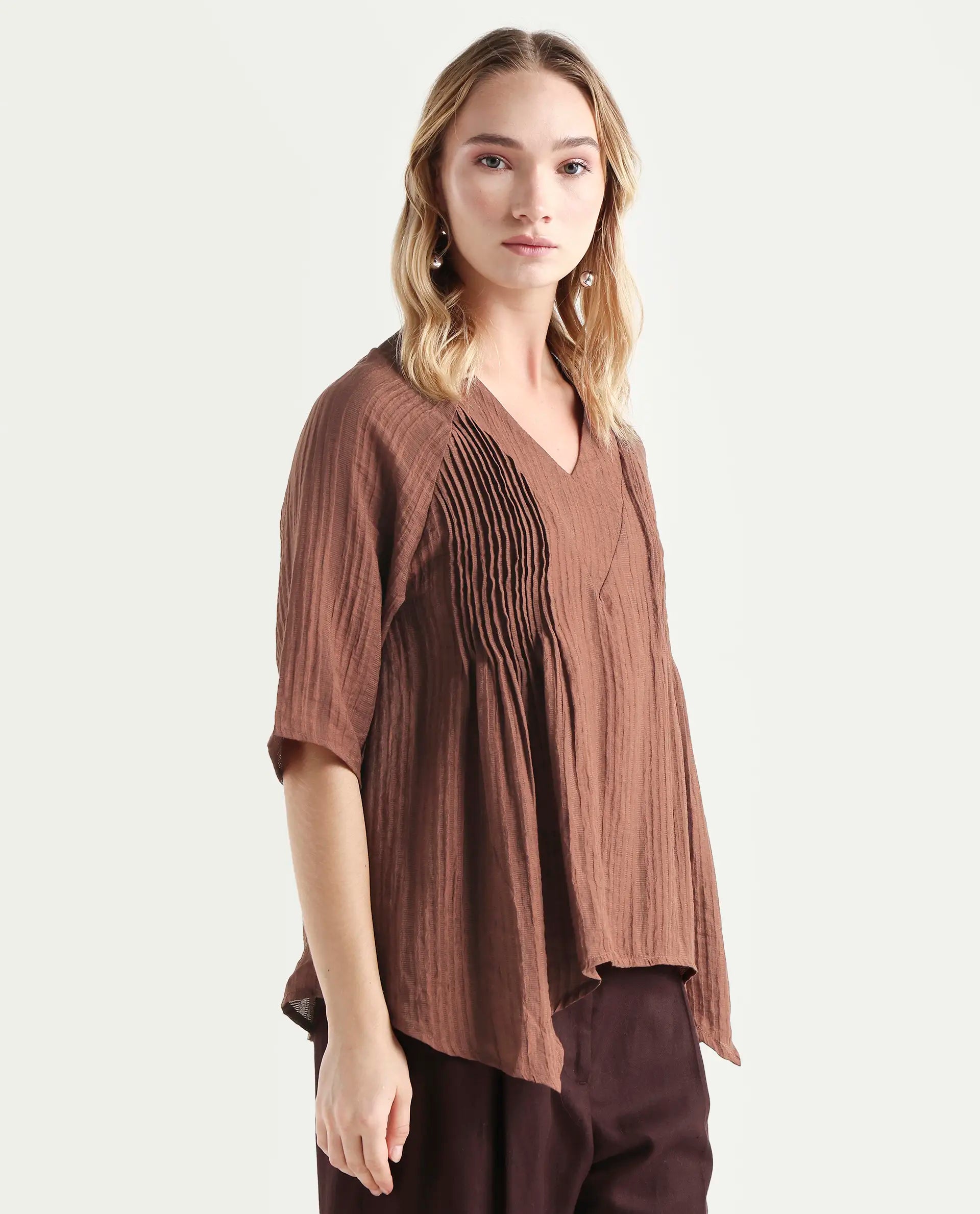 Rareism Women's Maruka Rust Polyester Blend V-Neck Plain Raglan Sleeve Regular Fit Top