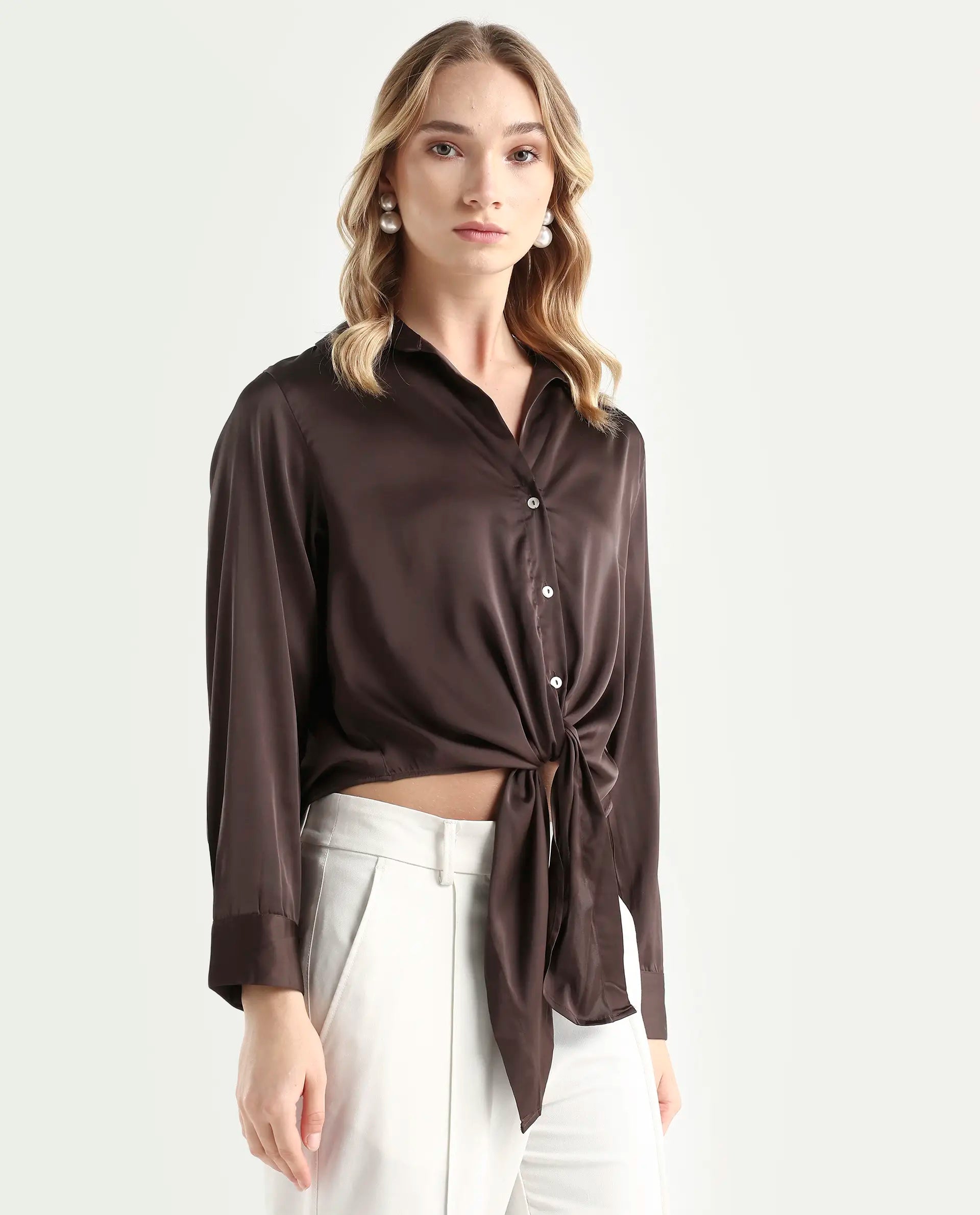 Rareism Women's Teen Brown Satin Drop Collar Plain Cuffed Sleeve Regular Fit Top