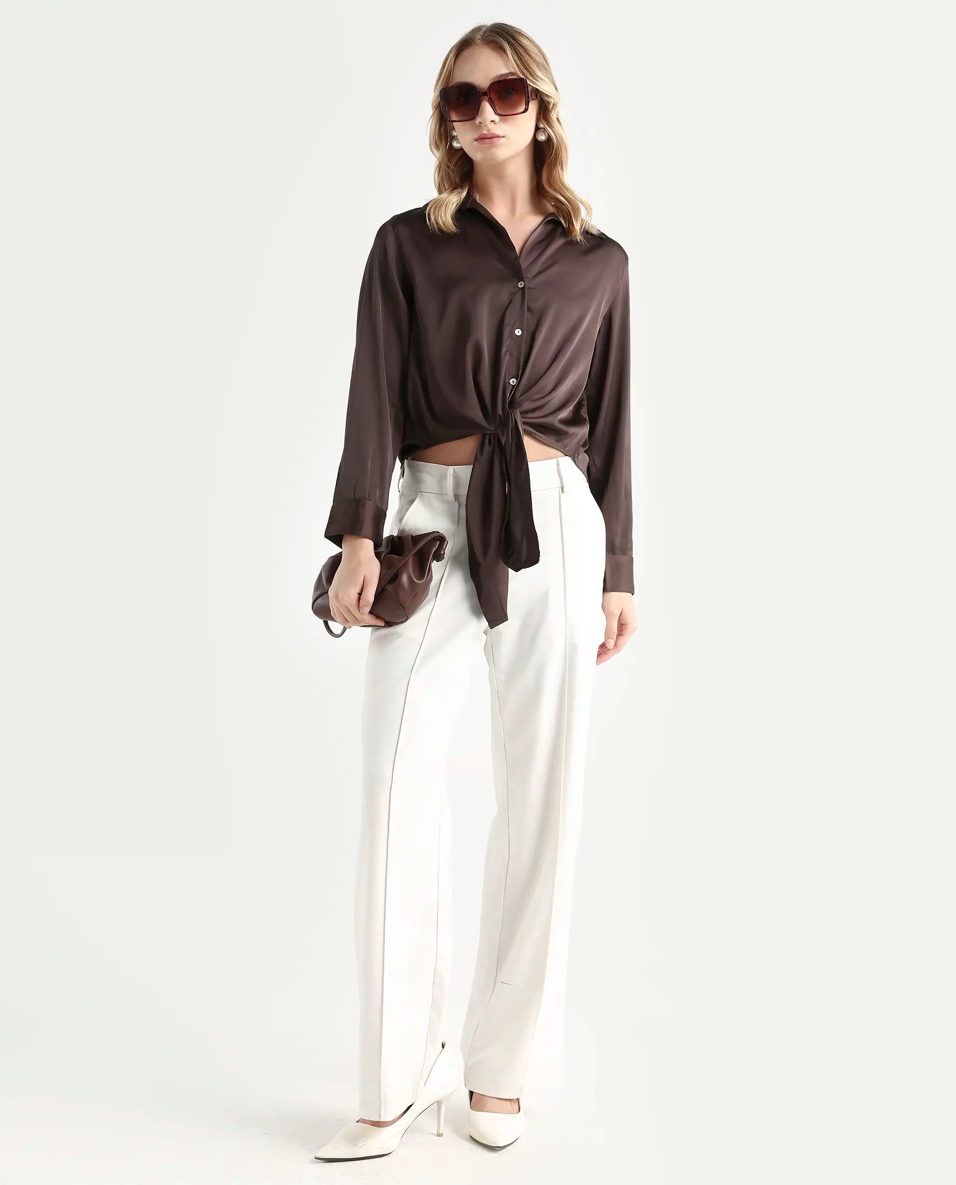 Rareism Women's Teen Brown Satin Drop Collar Plain Cuffed Sleeve Regular Fit Top