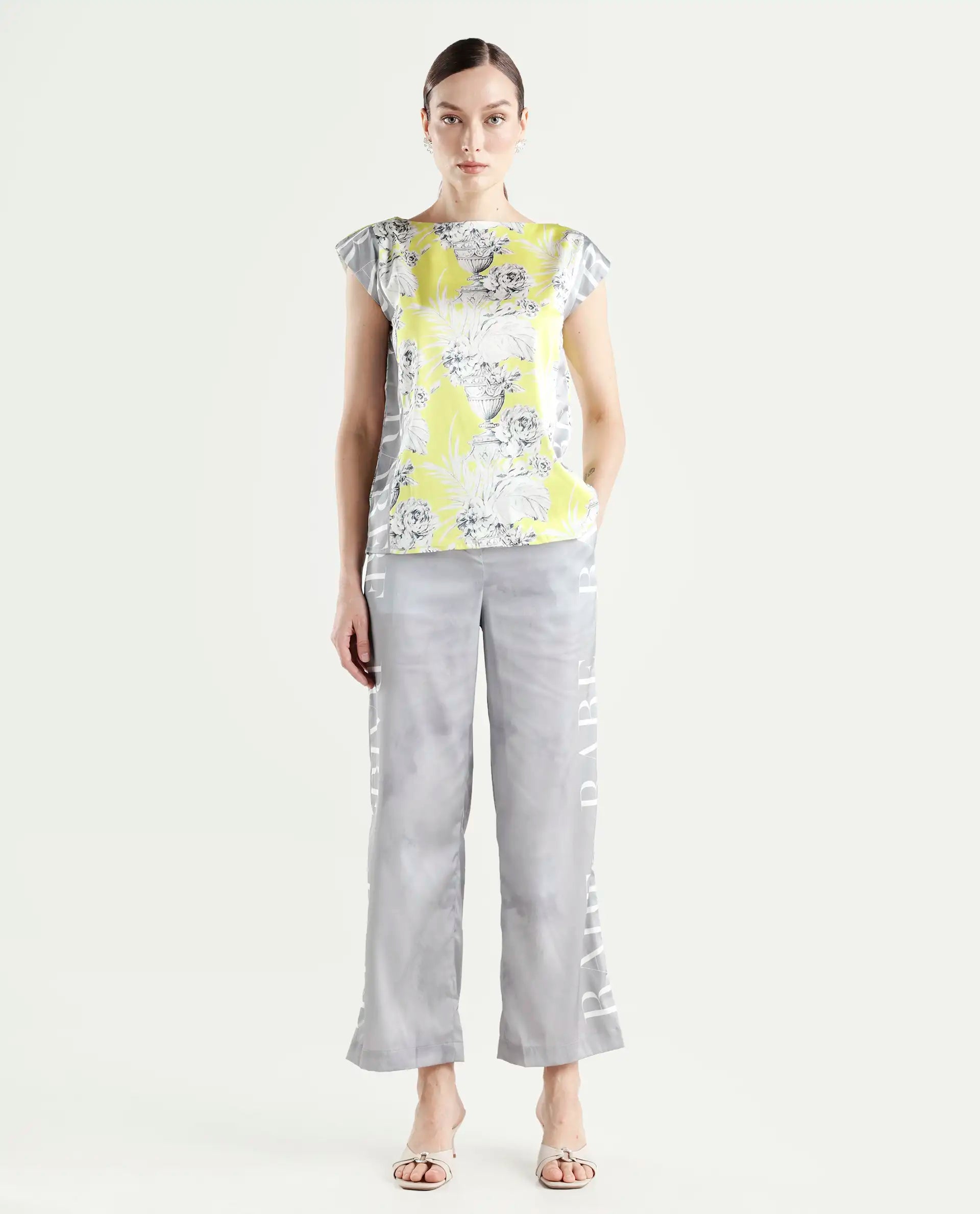Rareism Women's Kanadio-B Light Grey Polyester Floral Print Ankle Length Straight Fit Trouser